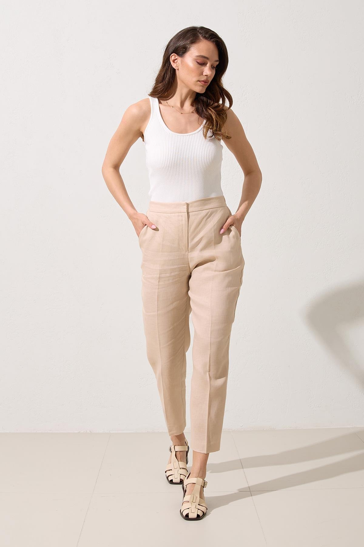 Bej %100 Keten Cep Detaylı Tam Kalıp Pantolon Kadın Kategorisiz modelleri