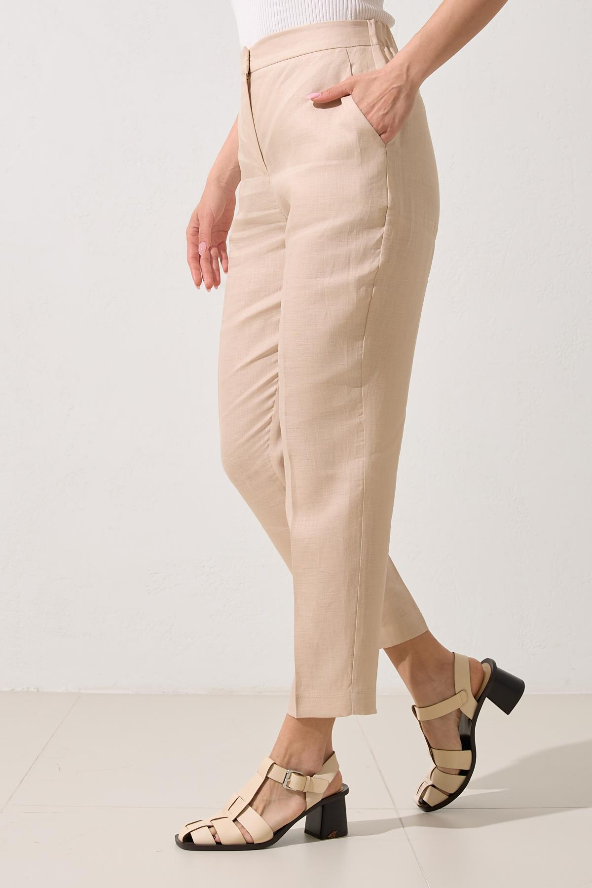 Bej %100 Keten Cep Detaylı Tam Kalıp Pantolon Kadın Kategorisiz modelleri