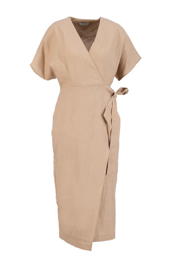 Bej Belden Bağlama Detaylı Asimetrik Kısa Kollu Elbise Kadın Günlük Elbise modelleri
