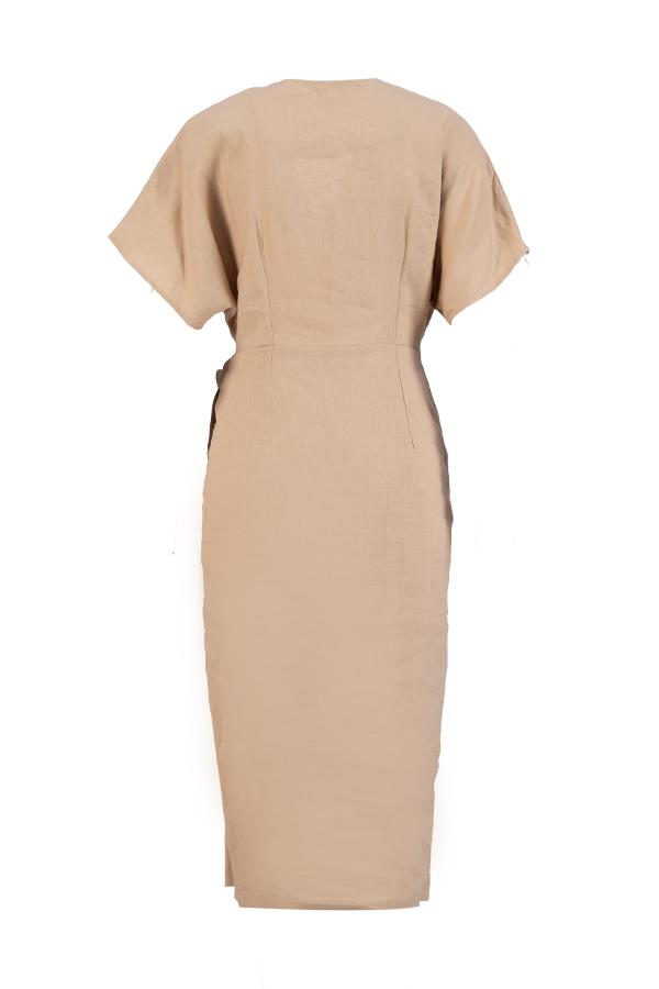 Bej Belden Bağlama Detaylı Asimetrik Kısa Kollu Elbise Kadın Günlük Elbise modelleri
