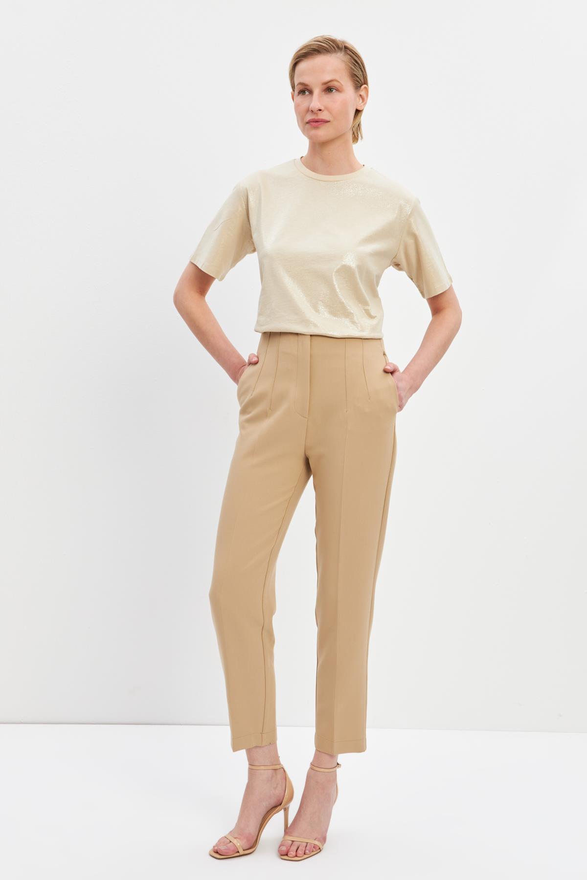 Bej Cep Detaylı Dar Kesim Pantolon Kadın Pants modelleri