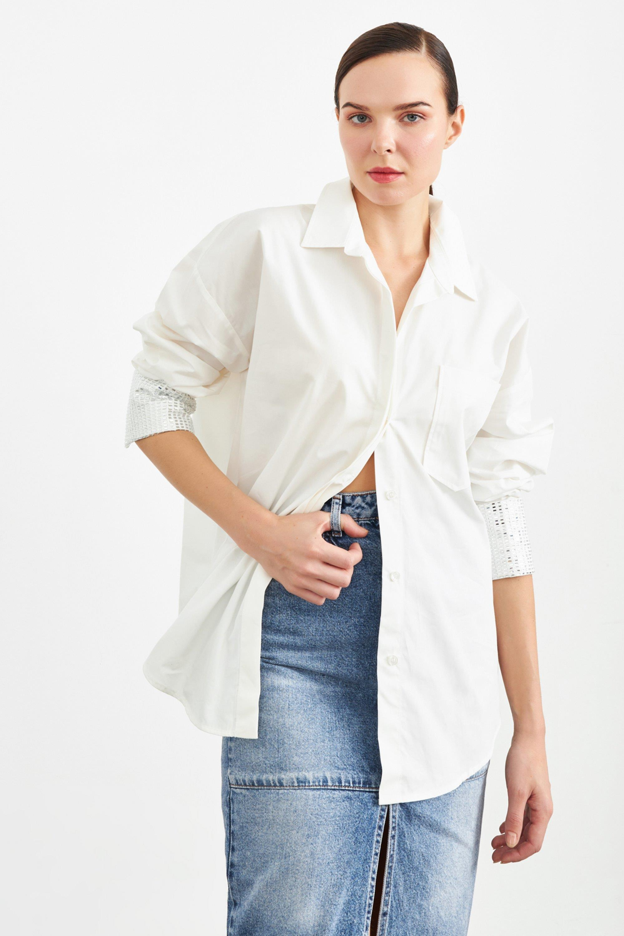 Beyaz Taş Detaylı Uzun Kollu Gömlek Kadın Gömlek modelleri