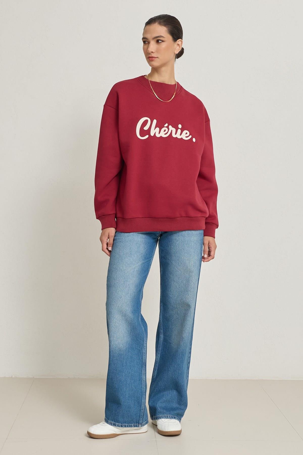 Bordo Cherie Yazılı Oversize Sweatshirt Kadın Kategorisiz modelleri
