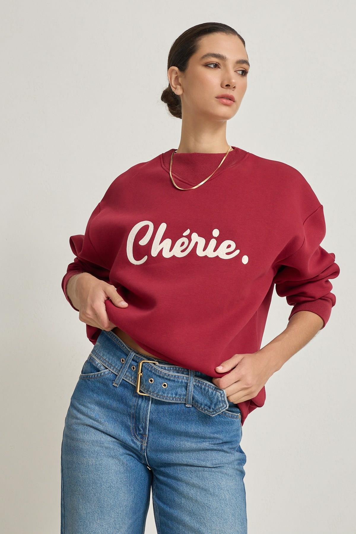 Bordo Cherie Yazılı Oversize Sweatshirt Kadın Kategorisiz modelleri