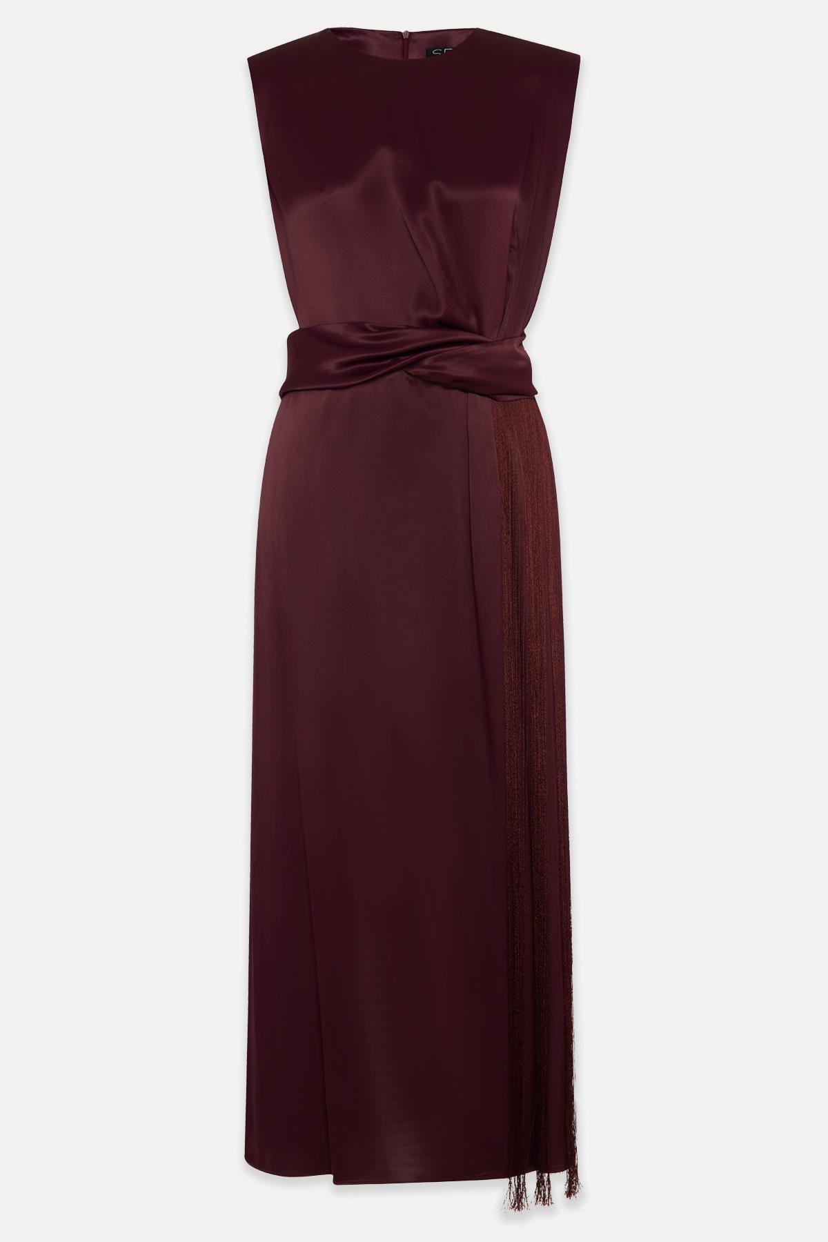 Bordo Püskül Ve Bel Detaylı Kolsuz Tam Kalıp Elbise Kadın Günlük Elbise modelleri