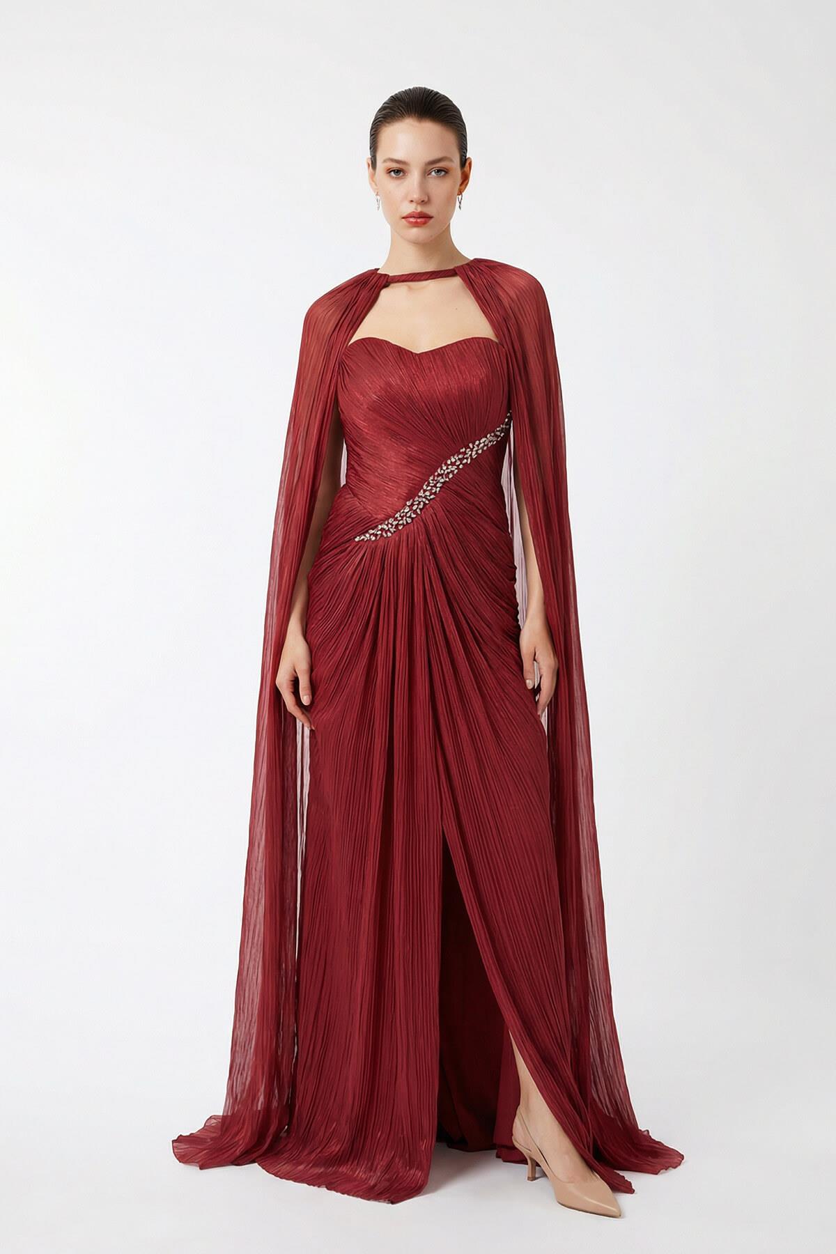 Bordo Straplez Yaka Detaylı Dökümlü Abiye Elbise Kadın Abiye Elbise modelleri