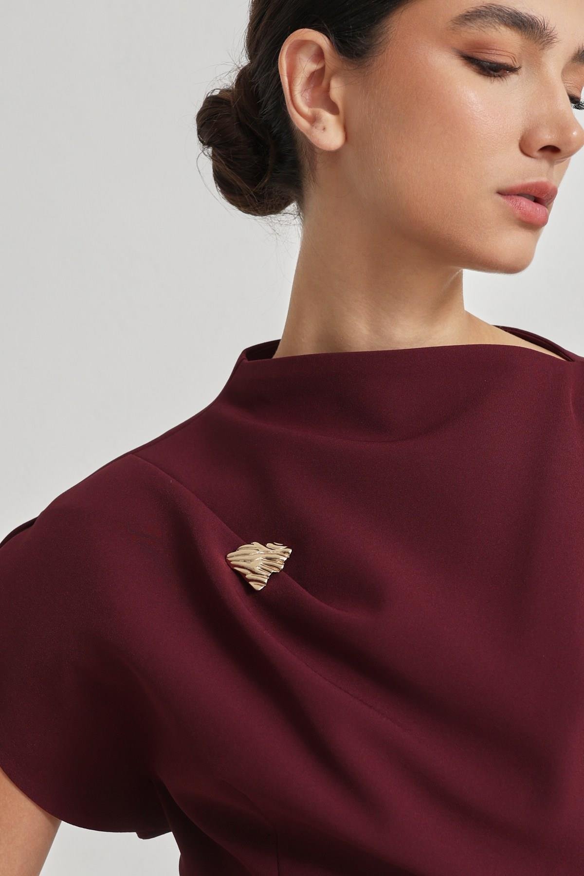 Bordo Tek Omuz Detaylı Tam Kalıp Midi Boy Elbise Kadın Günlük Elbise modelleri