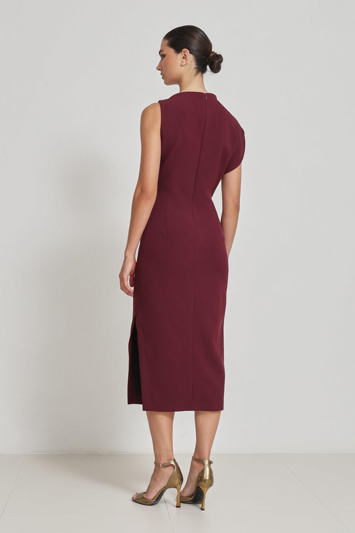 Bordo Tek Omuz Detaylı Tam Kalıp Midi Boy Elbise Kadın Günlük Elbise modelleri