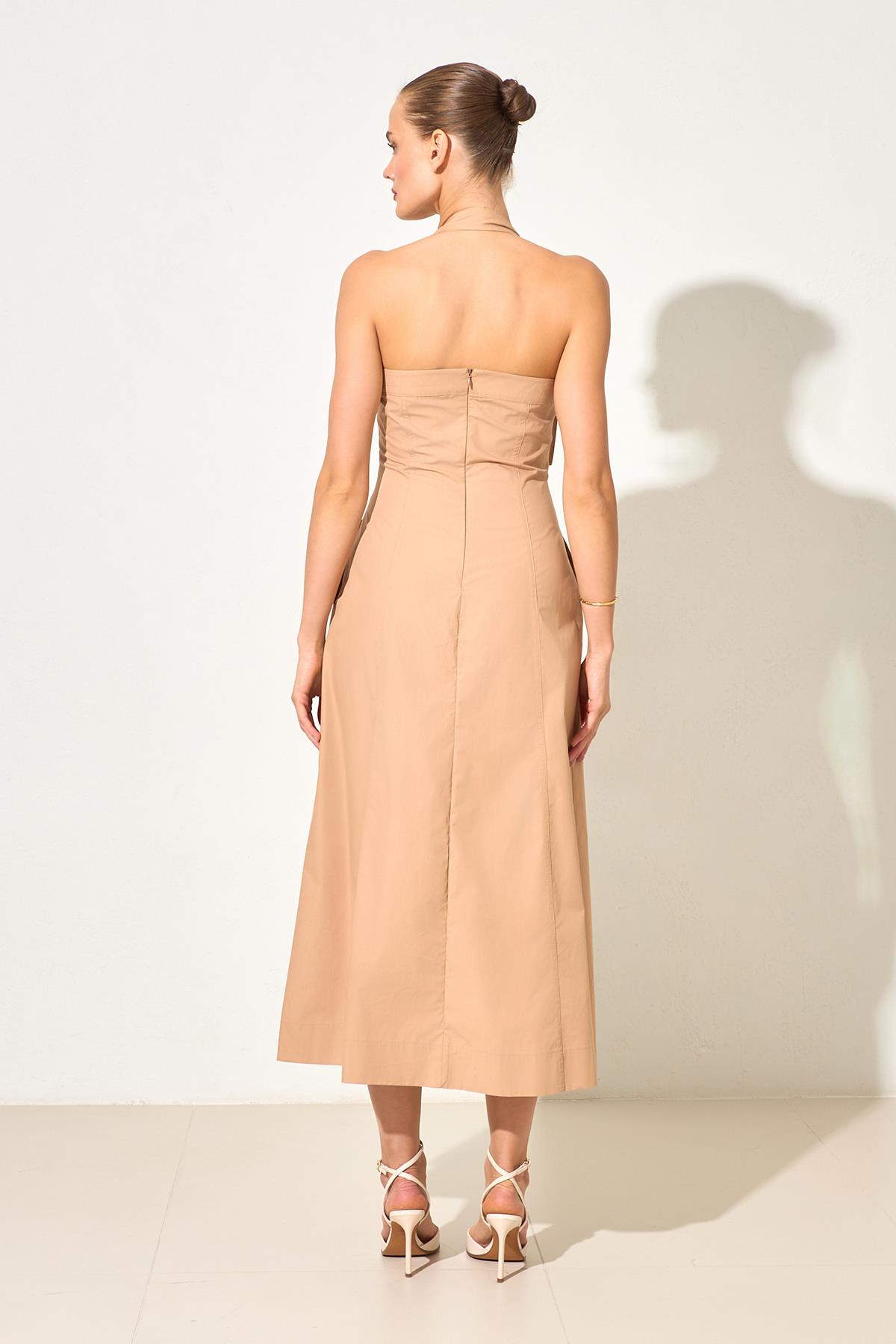 Camel Boyun Ve Yaka Detaylı Belden Oturtmalı Elbise Kadın Günlük Elbise modelleri