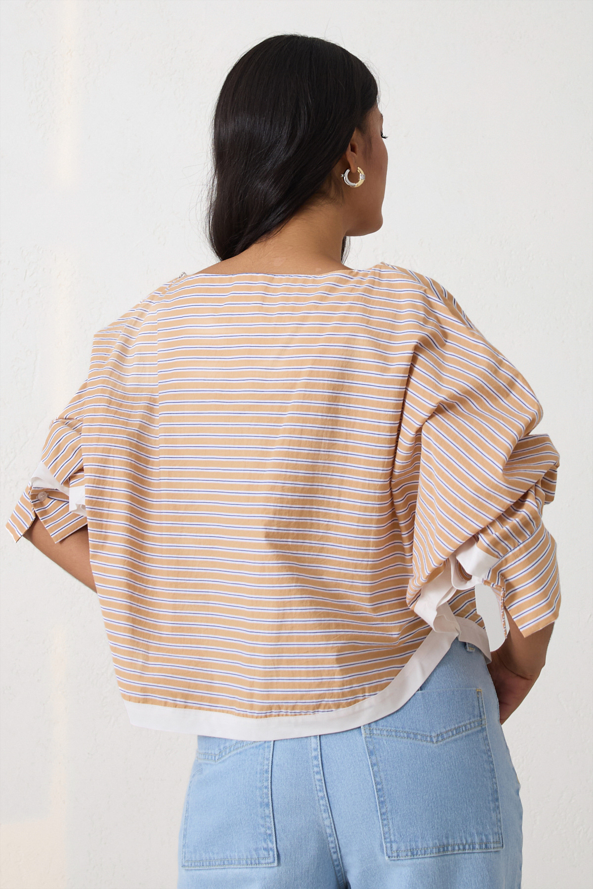 Camel Çizgi Ve Şerit Detaylı Rahat Kesim Bluz Kadın Bluz modelleri