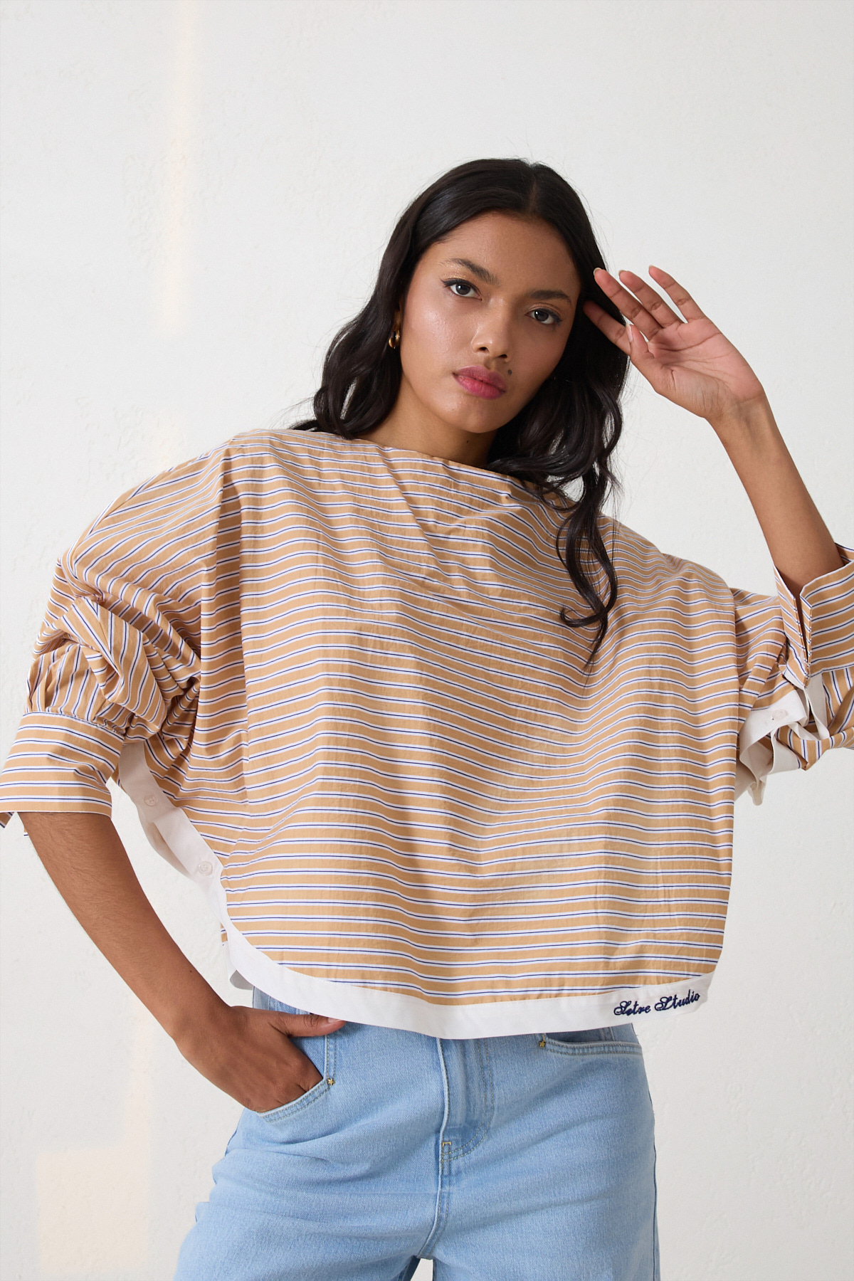 Camel Çizgi Ve Şerit Detaylı Rahat Kesim Bluz Kadın Bluz modelleri