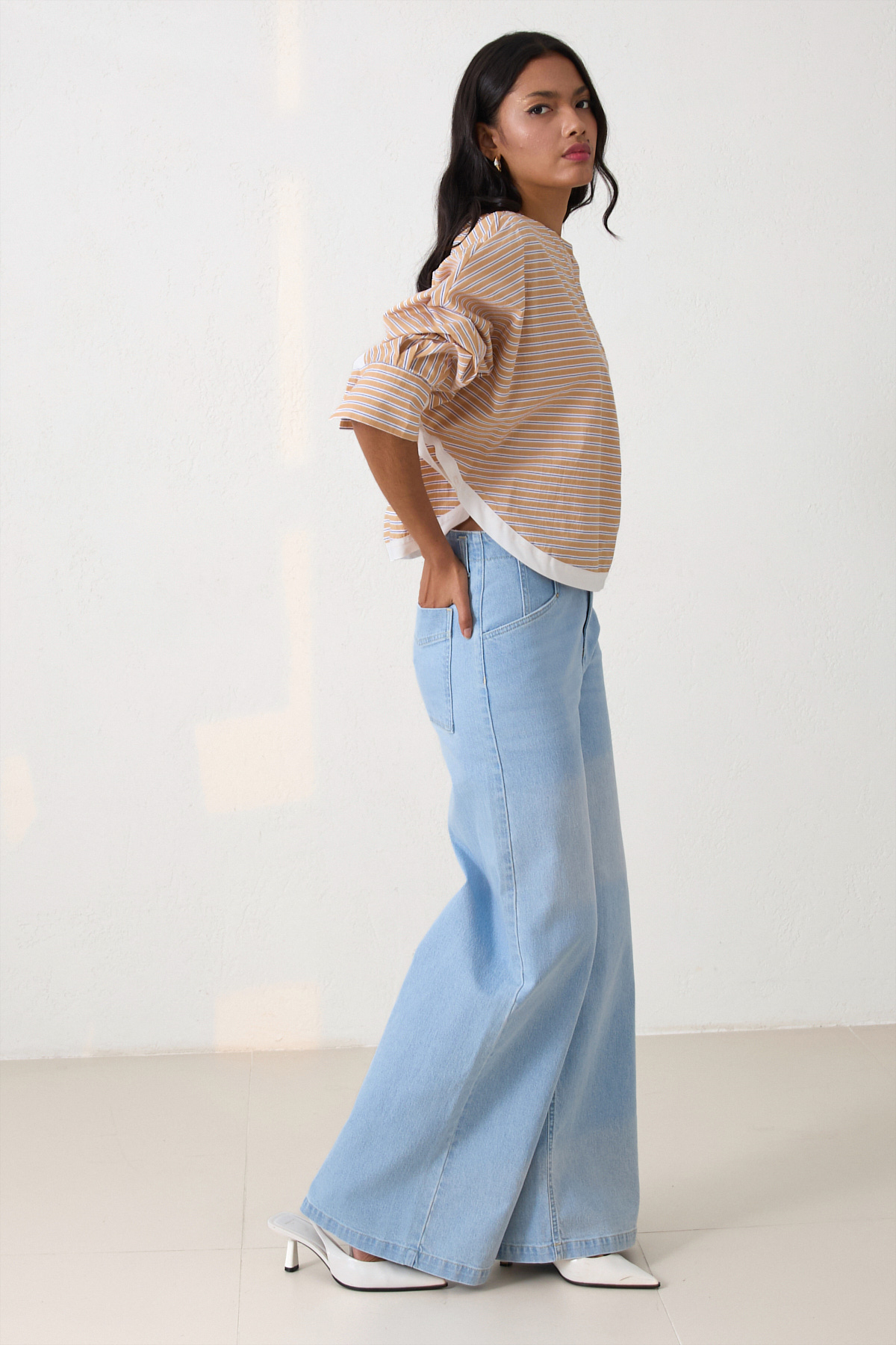 Camel Çizgi Ve Şerit Detaylı Rahat Kesim Bluz Kadın Bluz modelleri