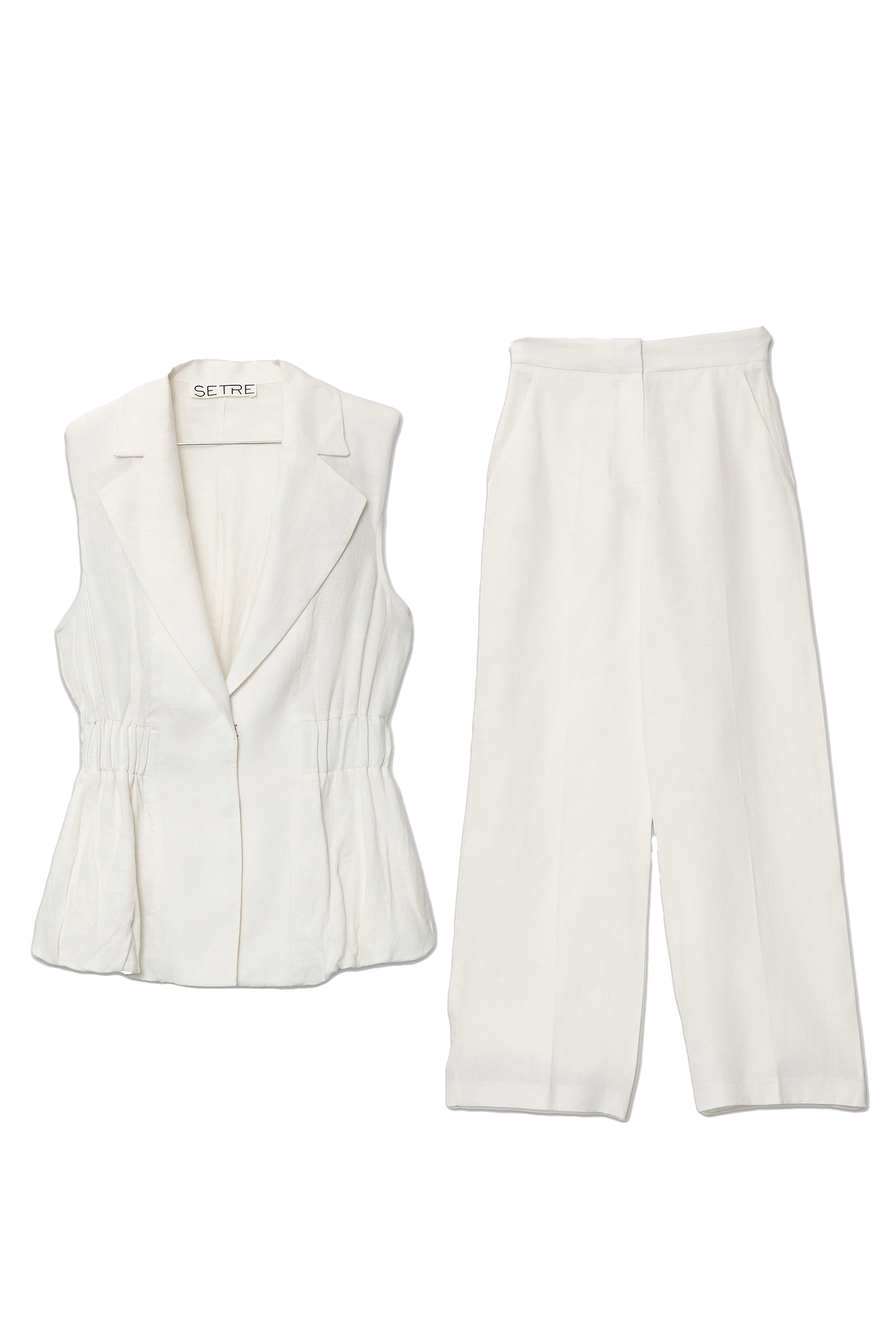 Ekru %100 Keten Bel Ve Yaka Detaylı Yelek Rahat Kesim Pantolonlu Takım Kadın Kategorisiz modelleri