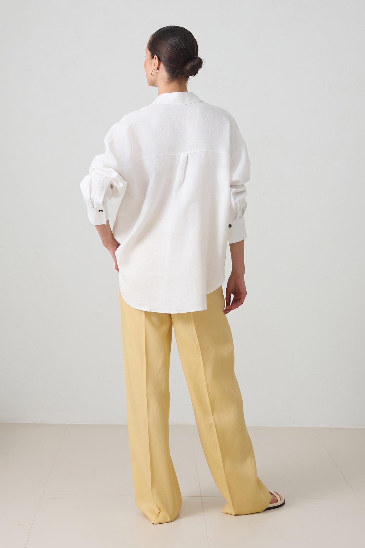 Ekru %100 Keten Uzun Kollu Gömlek Kadın Kategorisiz modelleri