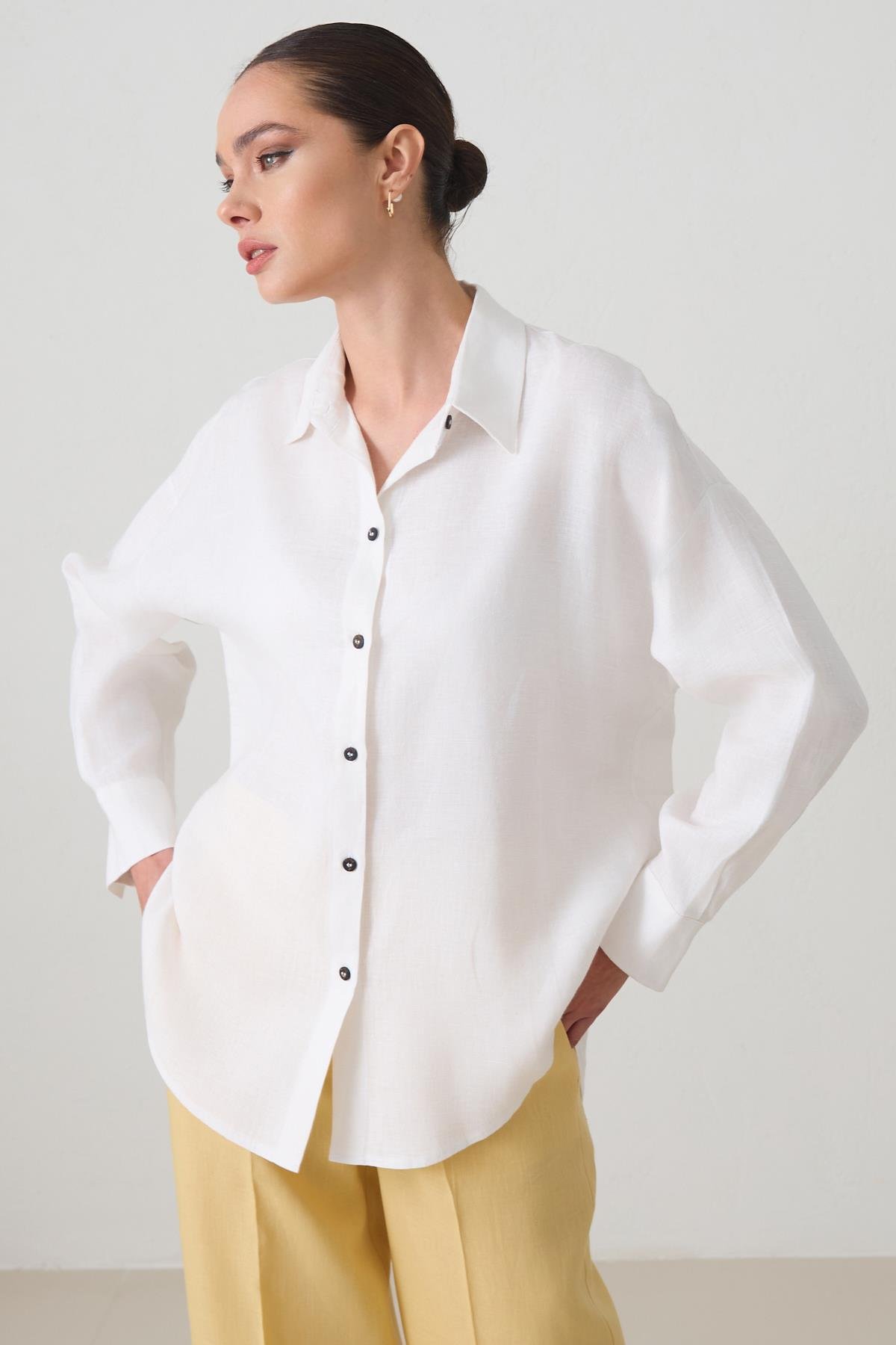Ekru %100 Keten Uzun Kollu Gömlek Kadın Kategorisiz modelleri