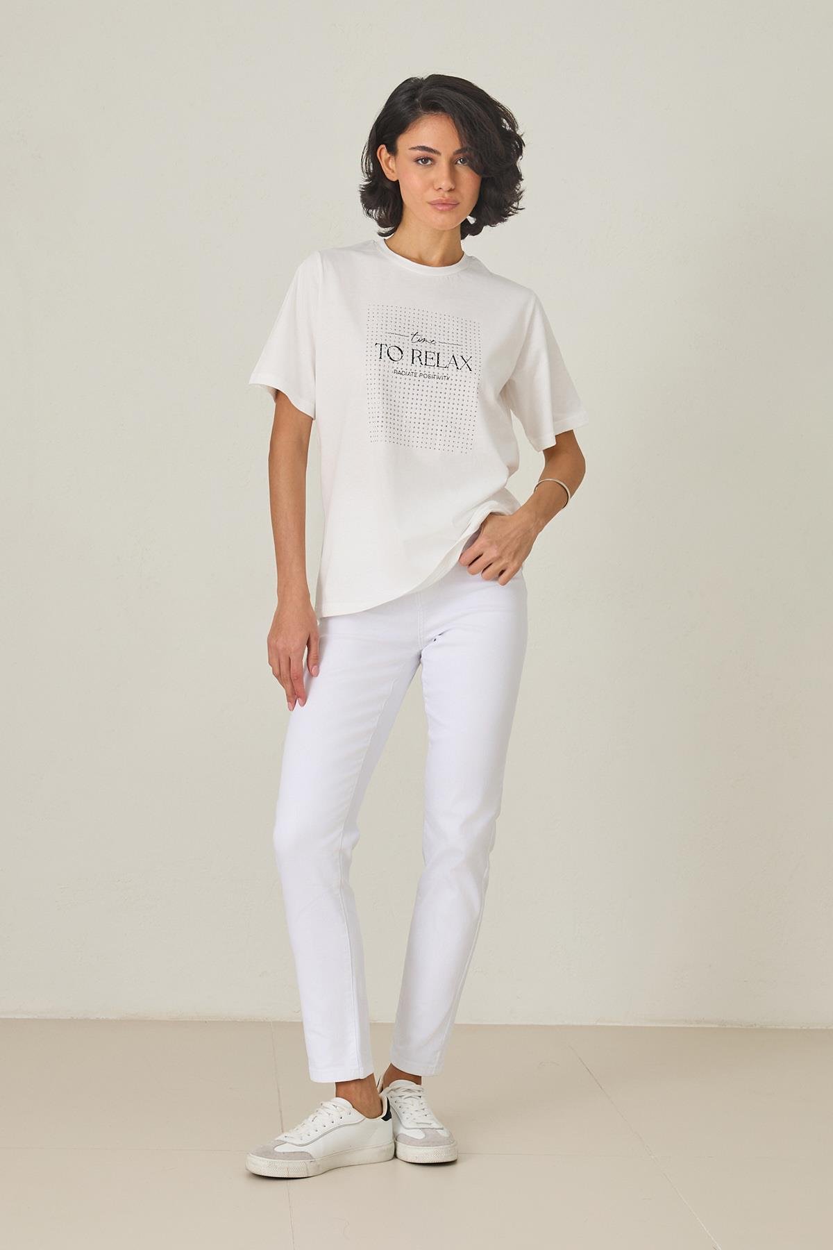 Ekru %100 Pamuklı Kısa Kollu Baskı Detaylı T-Shirt Kadın Kategorisiz modelleri