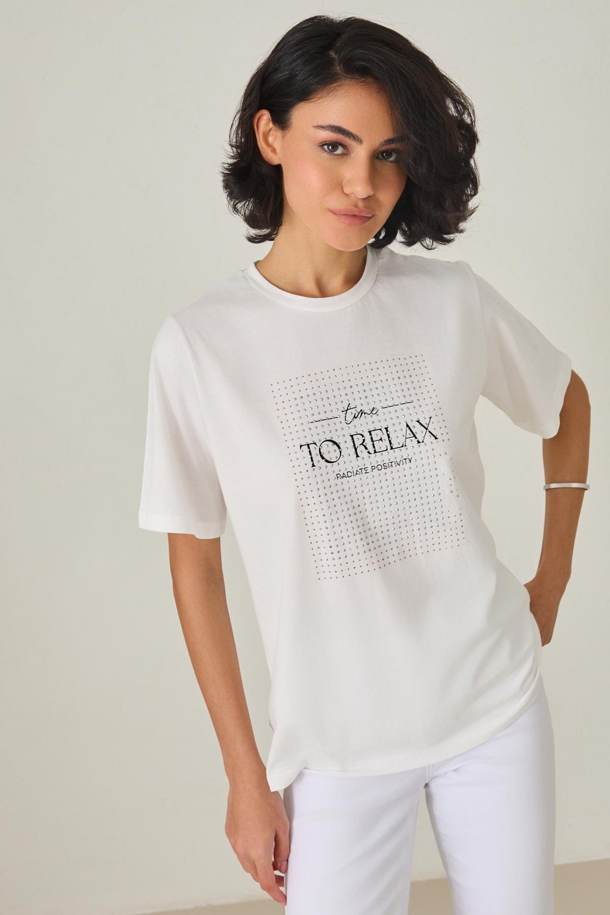 Ekru %100 Pamuklı Kısa Kollu Baskı Detaylı T-Shirt Kadın Kategorisiz modelleri