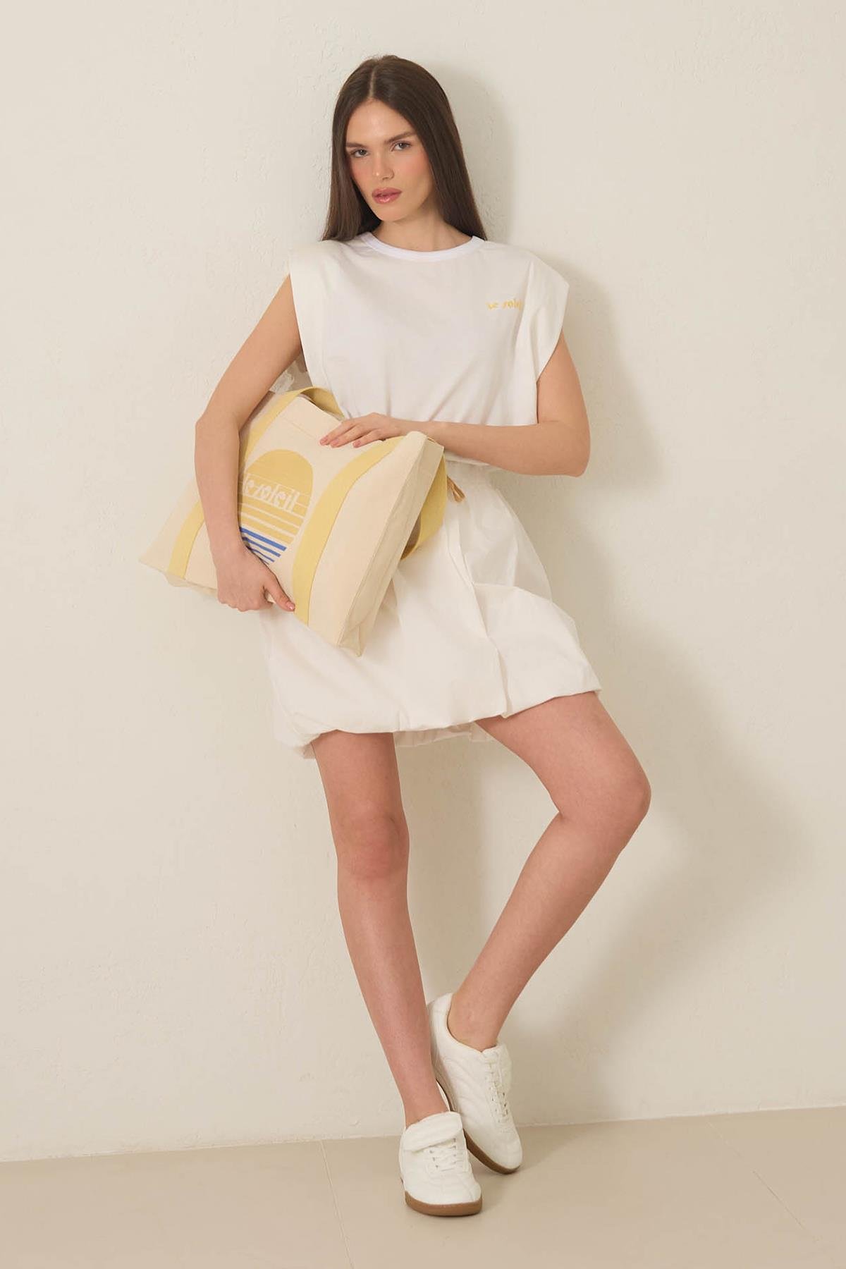 Ekru %100 Pamuklu Belden Lastikli Bağlama Detaylı Etek Kadın Kategorisiz modelleri