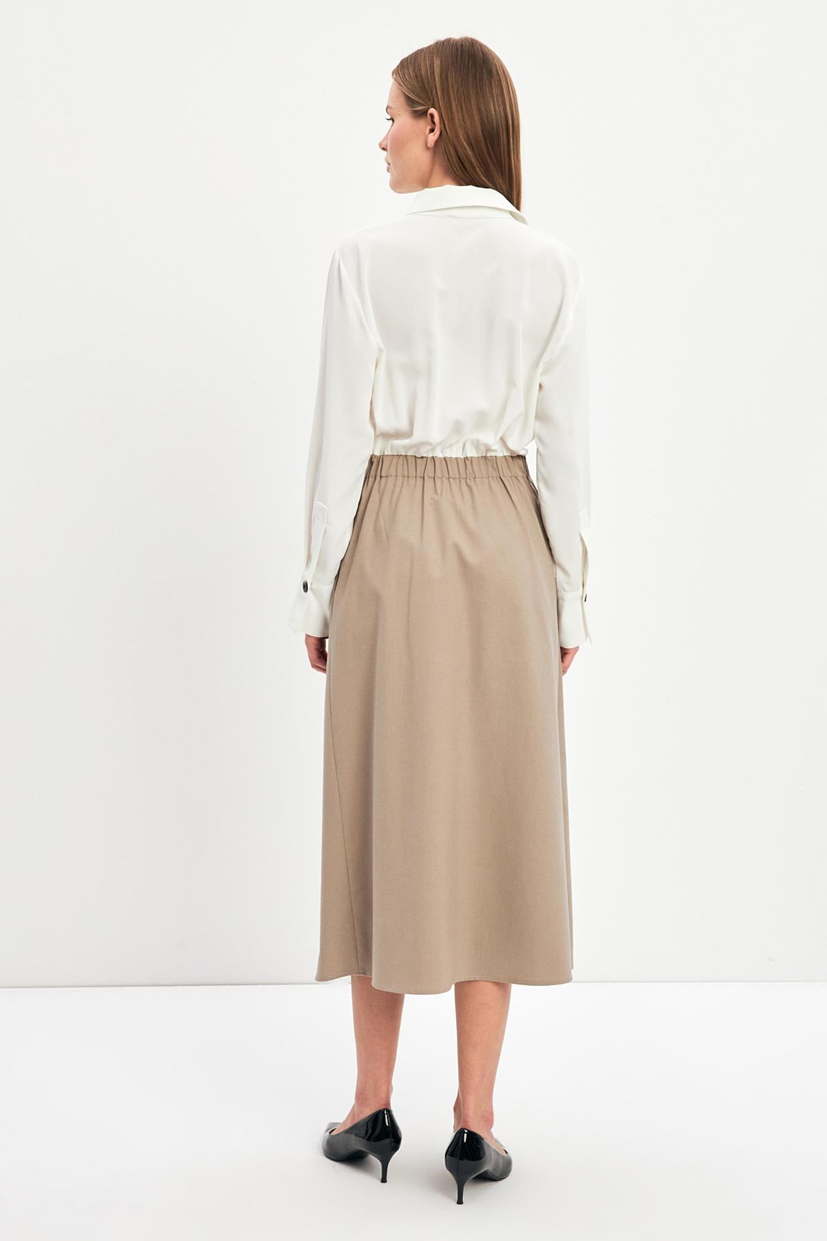 Ekru-Bej Asimetrik Yaka Etek Gömlek Görünümlü Elbise Kadın Günlük Elbise modelleri