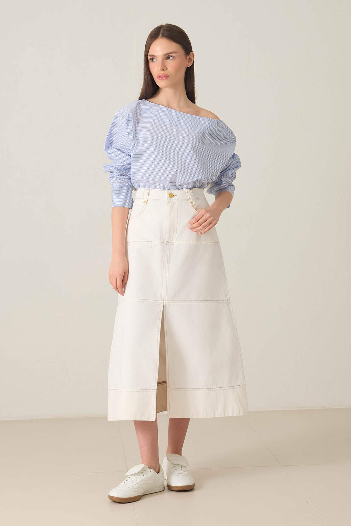 Ekru Dikiş Ve Yırtmaç Detaylı Midi Boy Kot Etek Kadın Etek modelleri