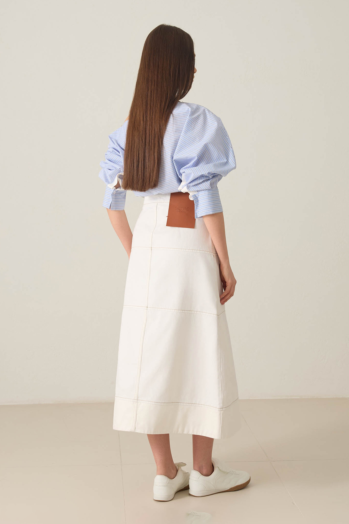 Ekru Dikiş Ve Yırtmaç Detaylı Midi Boy Kot Etek Kadın Etek modelleri