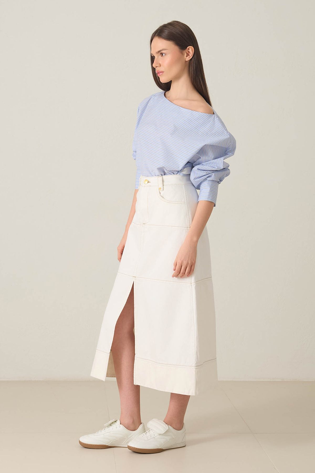 Ekru Dikiş Ve Yırtmaç Detaylı Midi Boy Kot Etek Kadın Etek modelleri