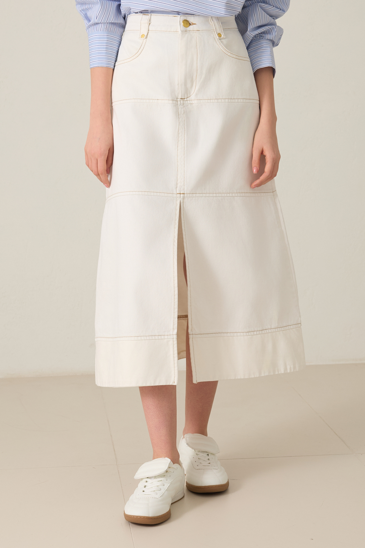 Ekru Dikiş Ve Yırtmaç Detaylı Midi Boy Kot Etek Kadın Etek modelleri