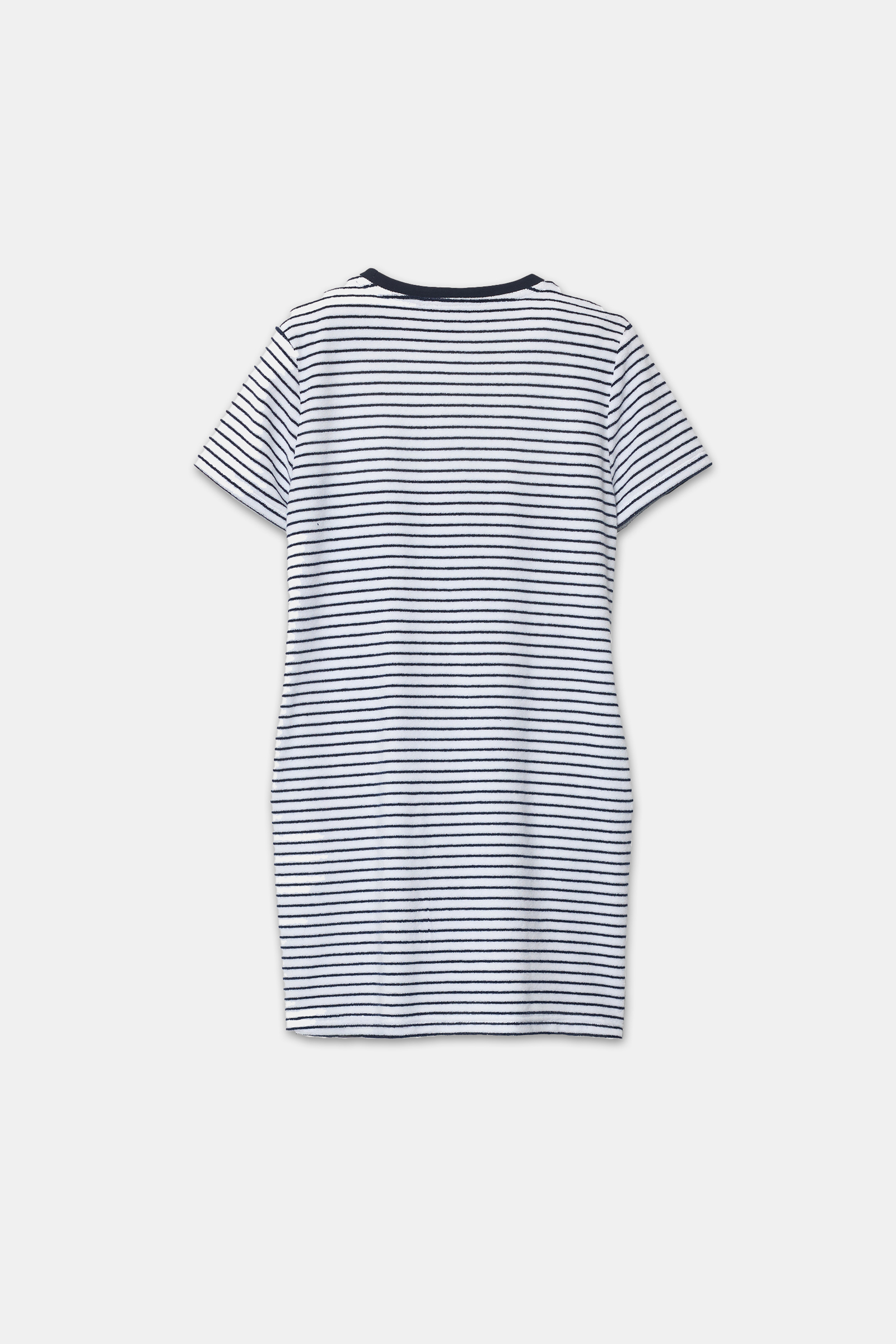 Ekru - Lacivert Yakada Nakış  Ve Havlu Kumaş Detaylı Çizgili Bisiklet Yaka Kısa Kol Elbise Kadın Günlük Elbise modelleri