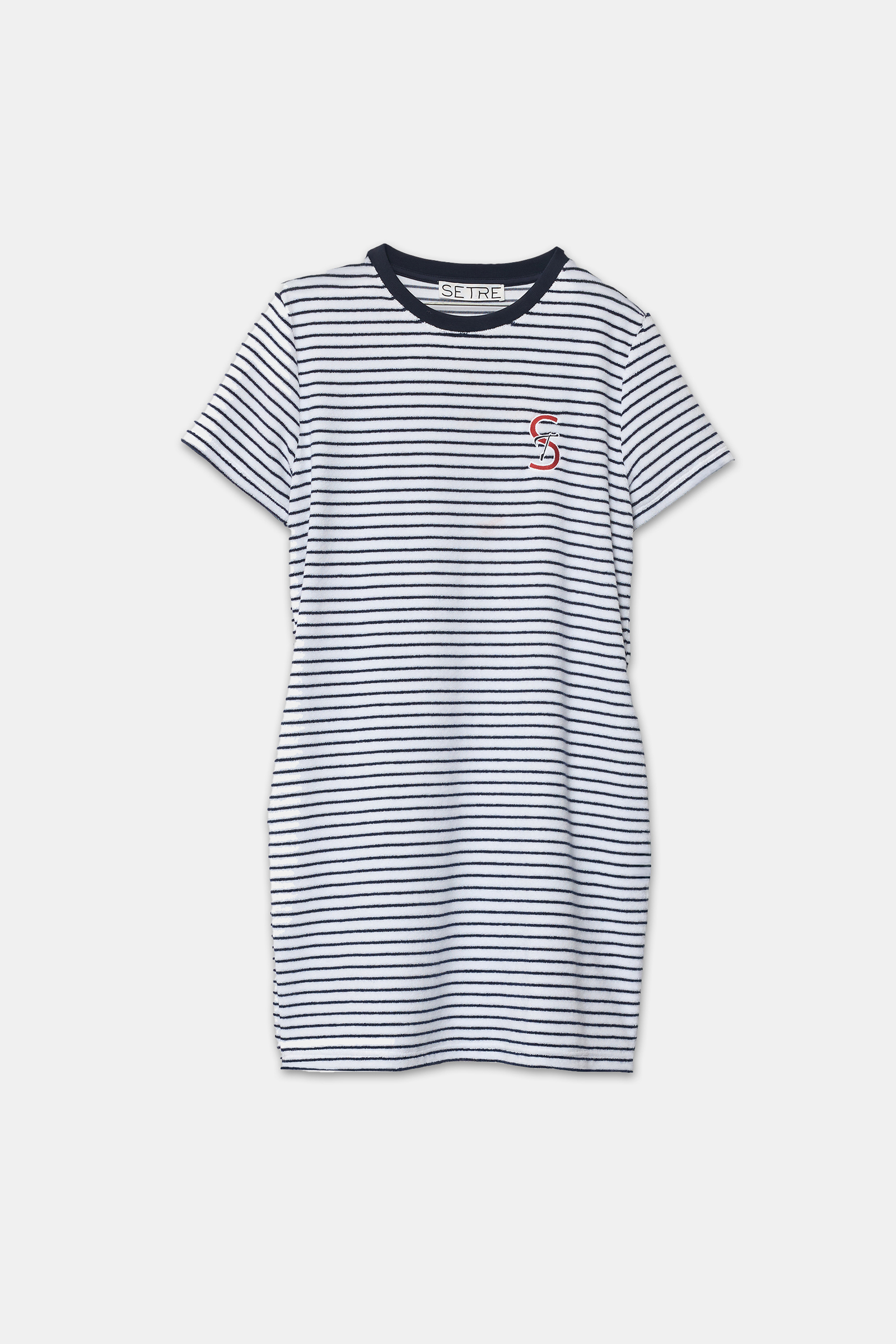 Ekru - Lacivert Yakada Nakış  Ve Havlu Kumaş Detaylı Çizgili Bisiklet Yaka Kısa Kol Elbise Kadın Günlük Elbise modelleri