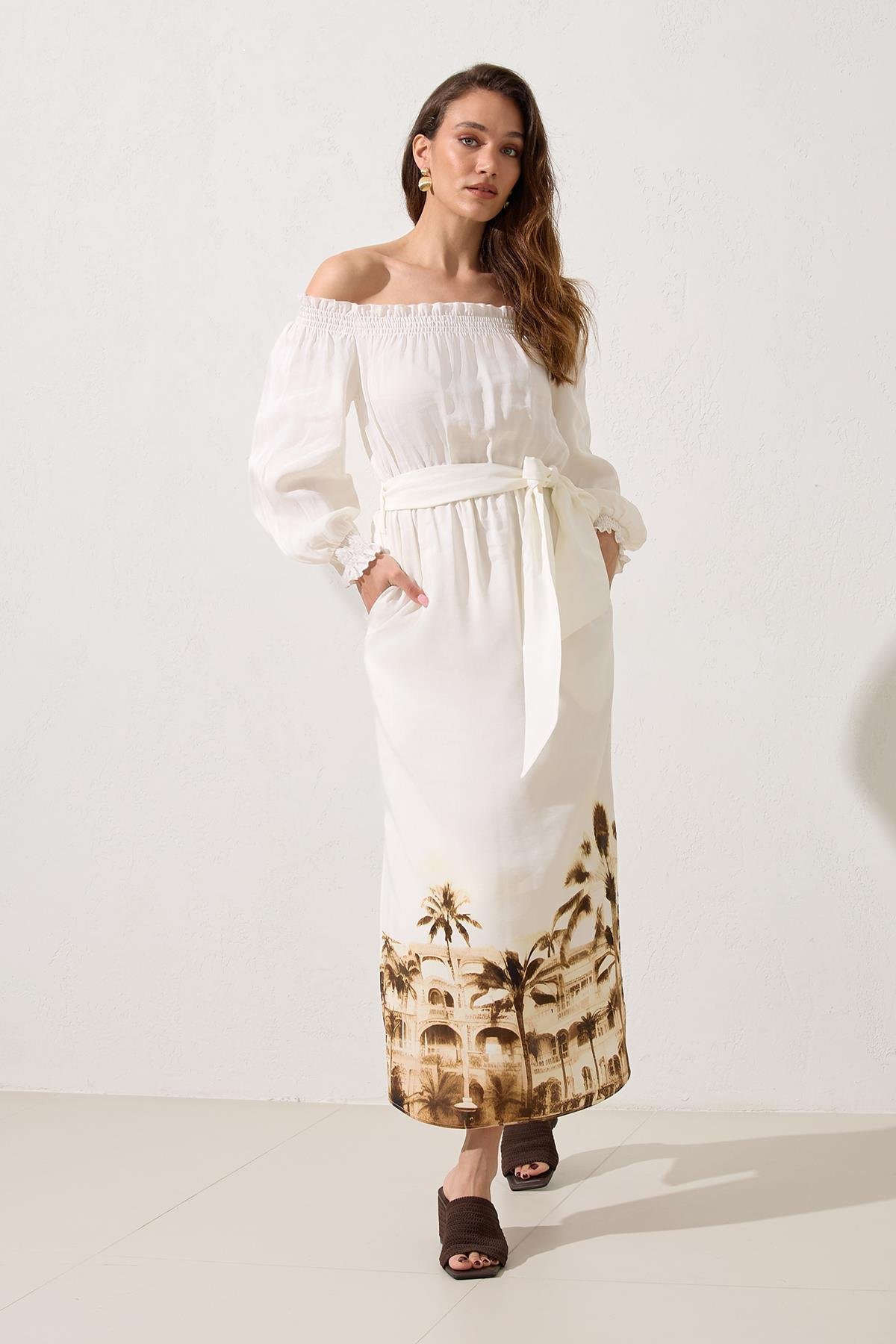 Ekru Omuz Ve Bilek Detaylı Beli Kemerli Rahat Kesim Tam Kalıp Midi Boy Elbise Kadın Kategorisiz modelleri