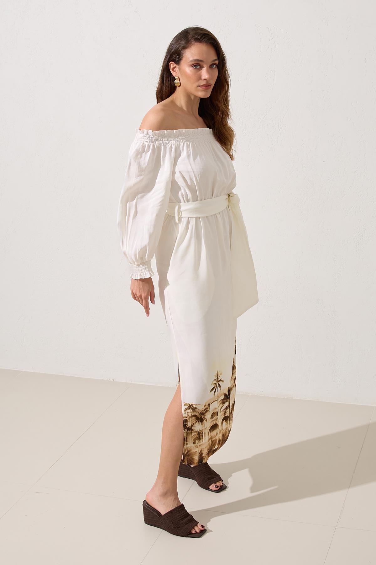 Ekru Omuz Ve Bilek Detaylı Beli Kemerli Rahat Kesim Tam Kalıp Midi Boy Elbise Kadın Kategorisiz modelleri