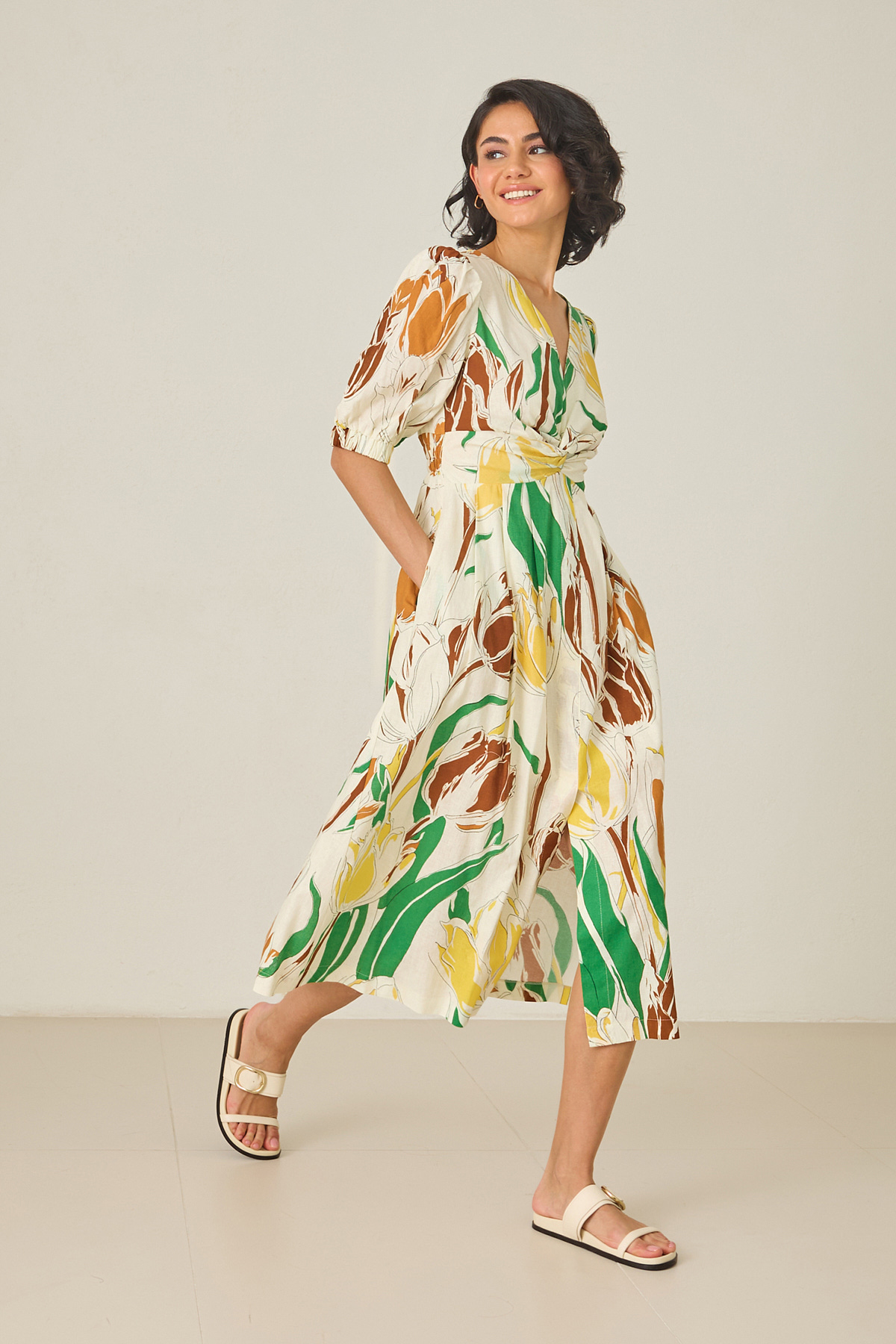 Ekru-Sarı V Yaka Kol Detaylı Belden Oturtmalı Desenli Keten Elbise Kadın Kategorisiz modelleri