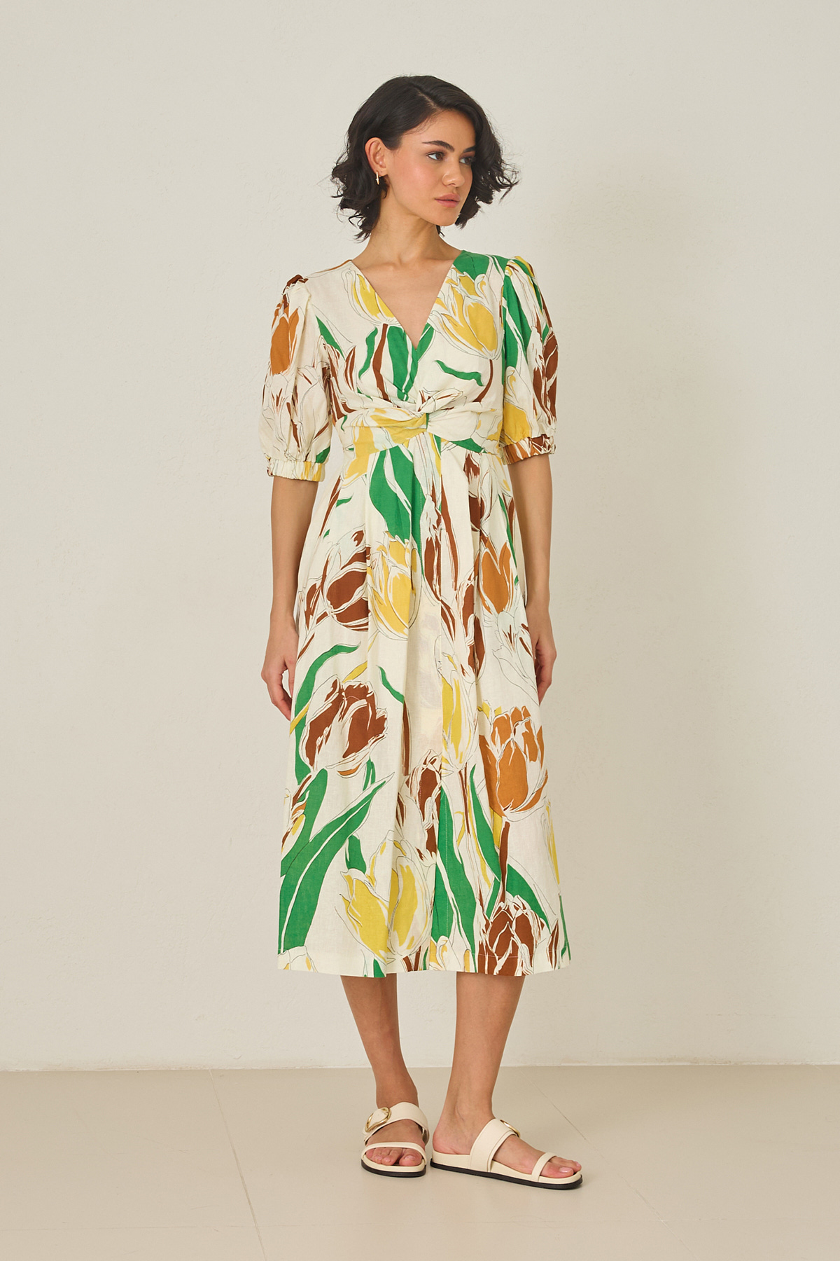 Ekru-Sarı V Yaka Kol Detaylı Belden Oturtmalı Desenli Keten Elbise Kadın Kategorisiz modelleri