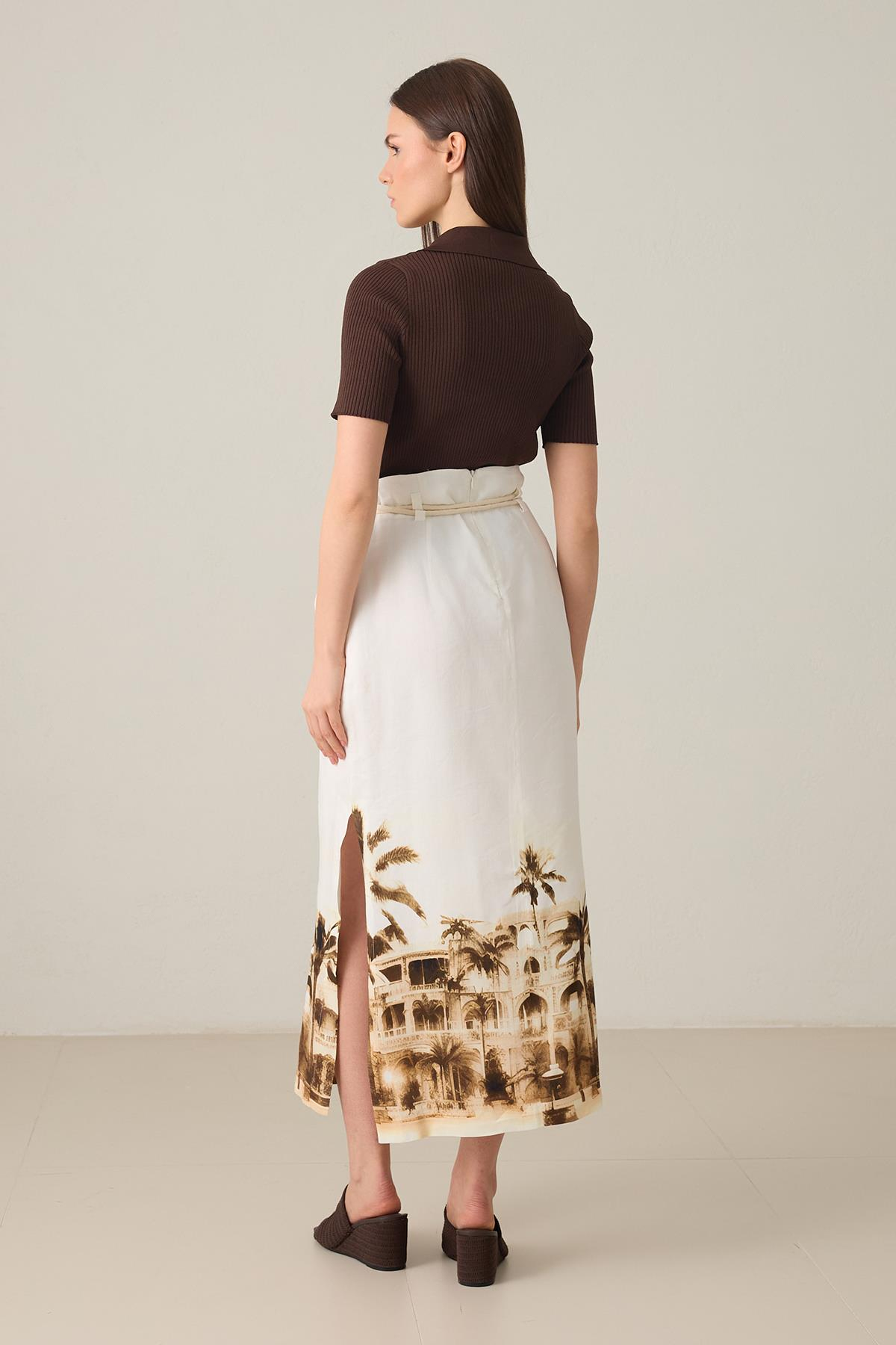 Ekru Tam Kalıp Desenli Midi Boy Etek Kadın Etek modelleri