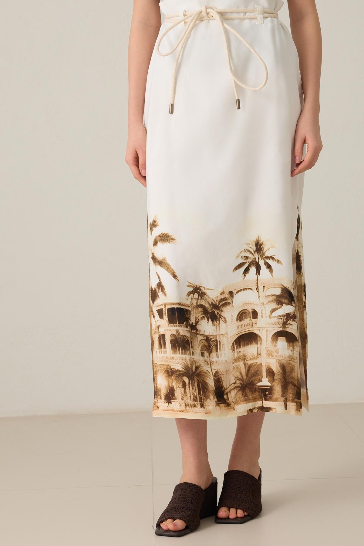 Ekru Tam Kalıp Desenli Midi Boy Etek Kadın Etek modelleri