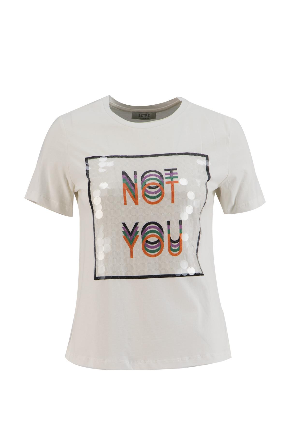 Ekru Yaka Kısa Kol Baskılı Pullu Pamuk T-Shirt Kadın T-Shirt modelleri