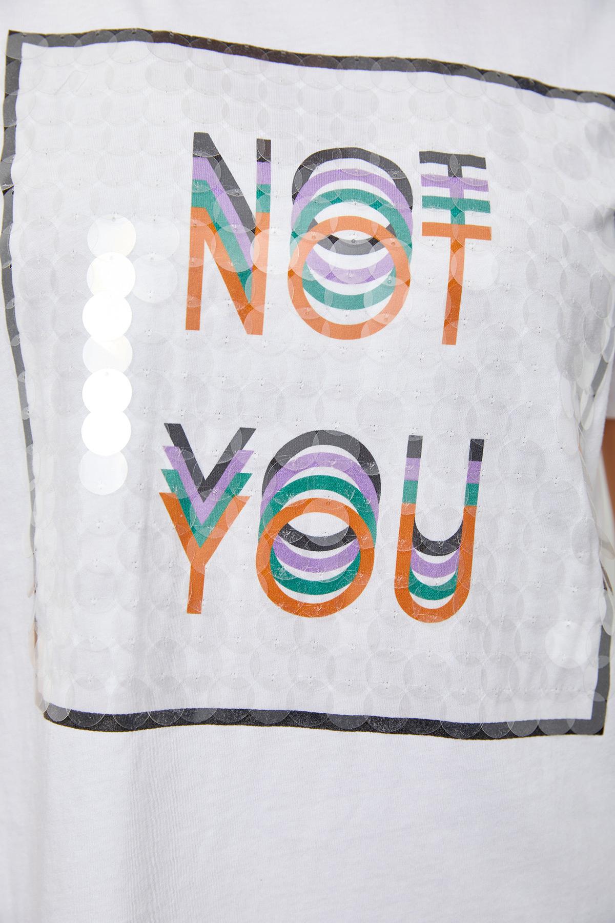 Ekru Yaka Kısa Kol Baskılı Pullu Pamuk T-Shirt Kadın T-Shirt modelleri