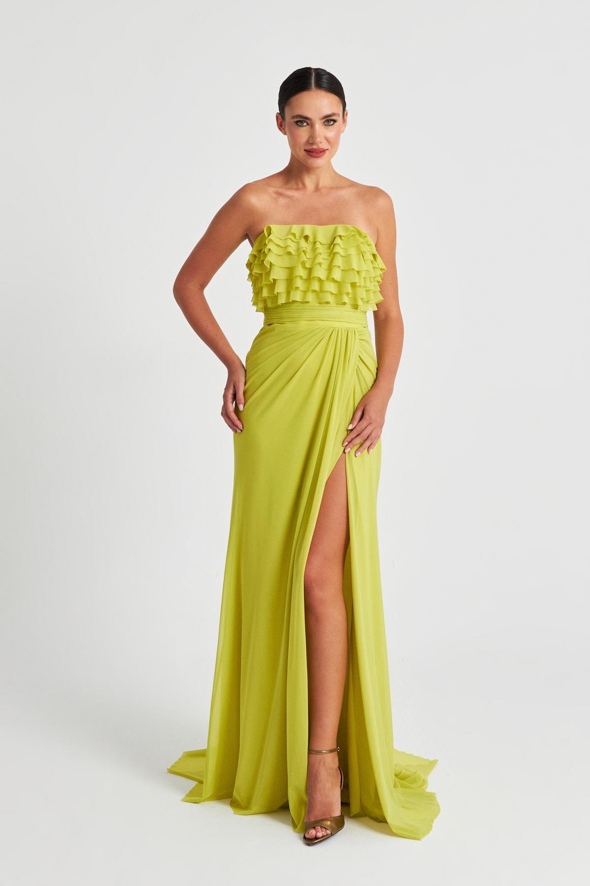 Elma Yeşili Kat Kat Straplez Abiye Elbise Kadın Kategorisiz modelleri