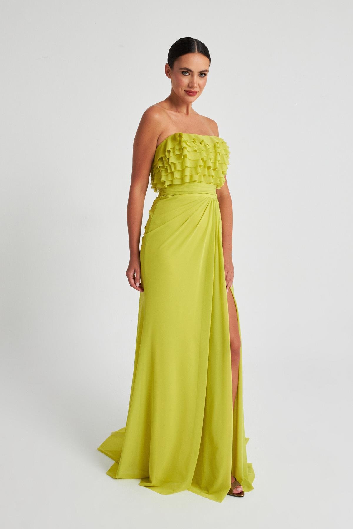 Elma Yeşili Kat Kat Straplez Abiye Elbise Kadın Kategorisiz modelleri