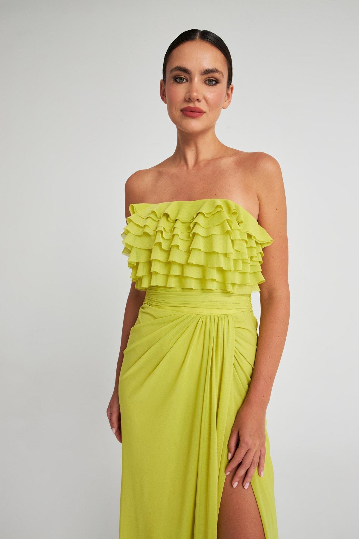 Elma Yeşili Kat Kat Straplez Abiye Elbise Kadın Kategorisiz modelleri