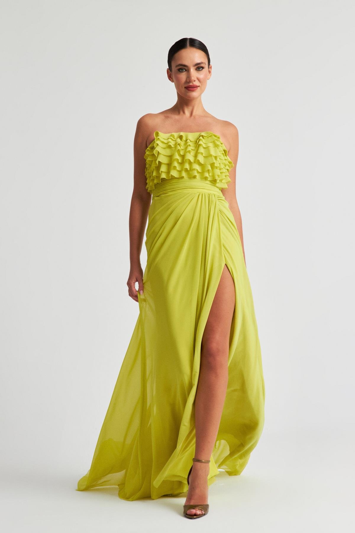 Elma Yeşili Kat Kat Straplez Abiye Elbise Kadın Kategorisiz modelleri