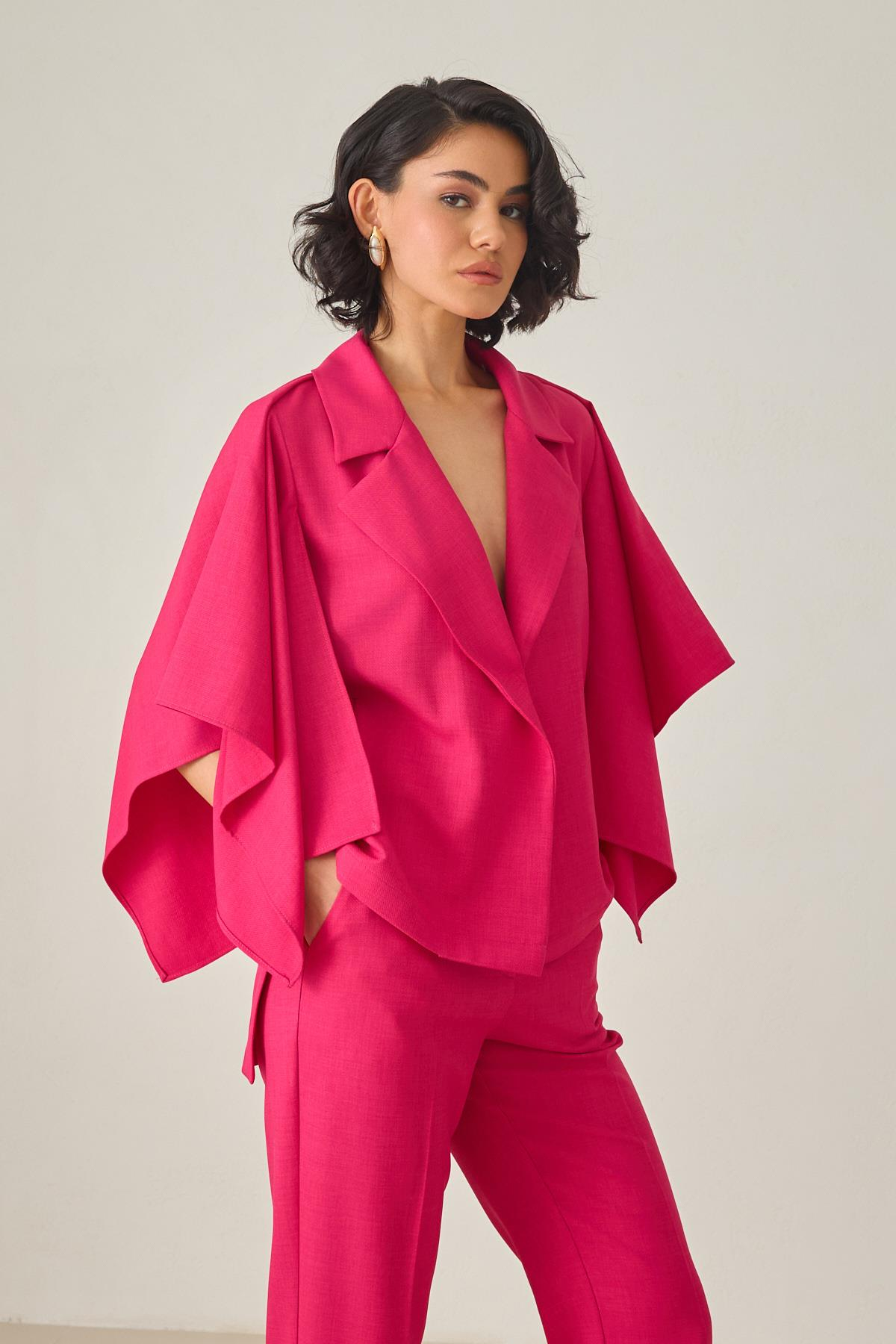 Fuşya Cep Ve Kol Detaylı Asimetrik Yaka Ceket Kadın Kategorisiz modelleri