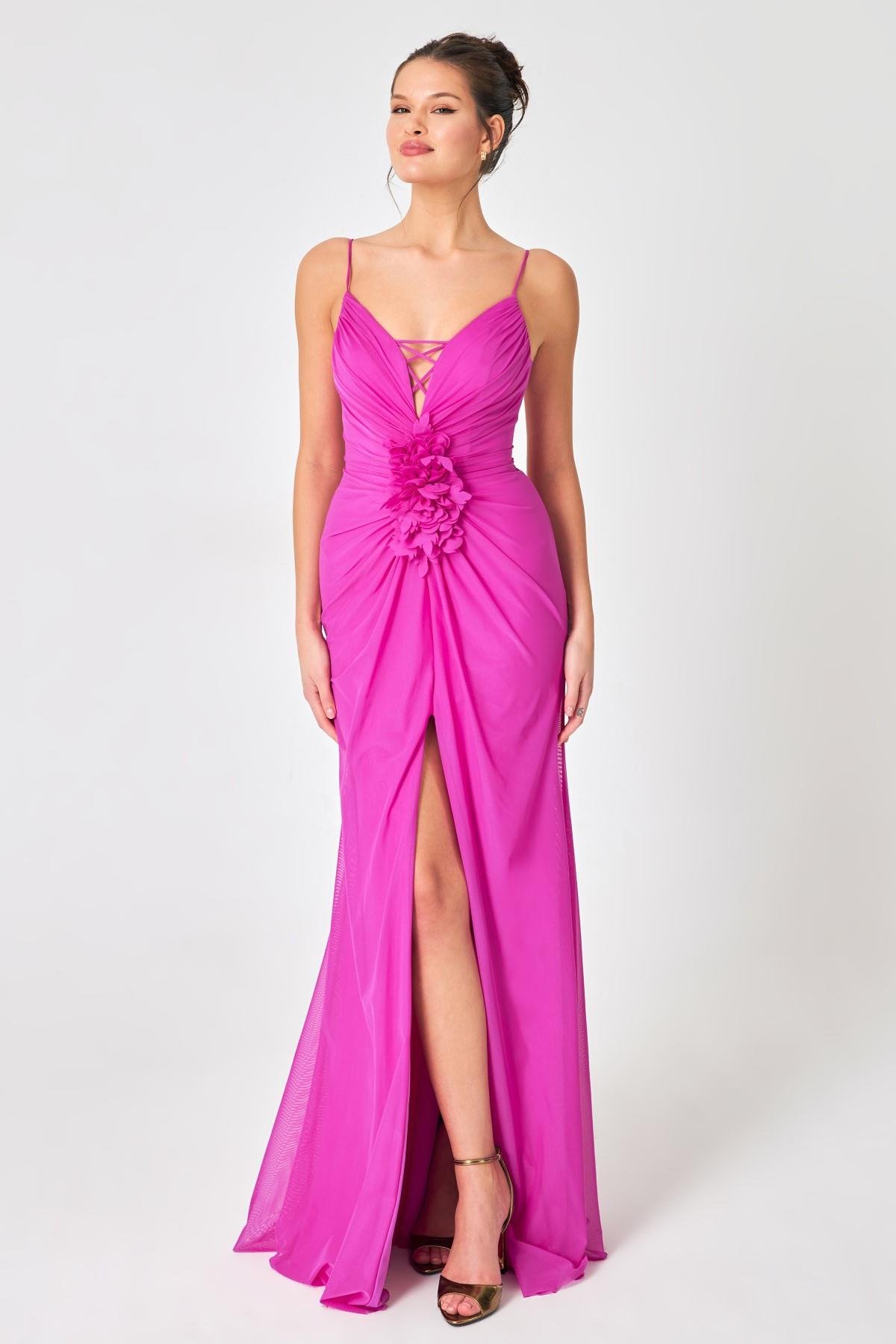 Fuşya Çiçek Detaylı Pliseli Abiye Kadın Kategorisiz modelleri