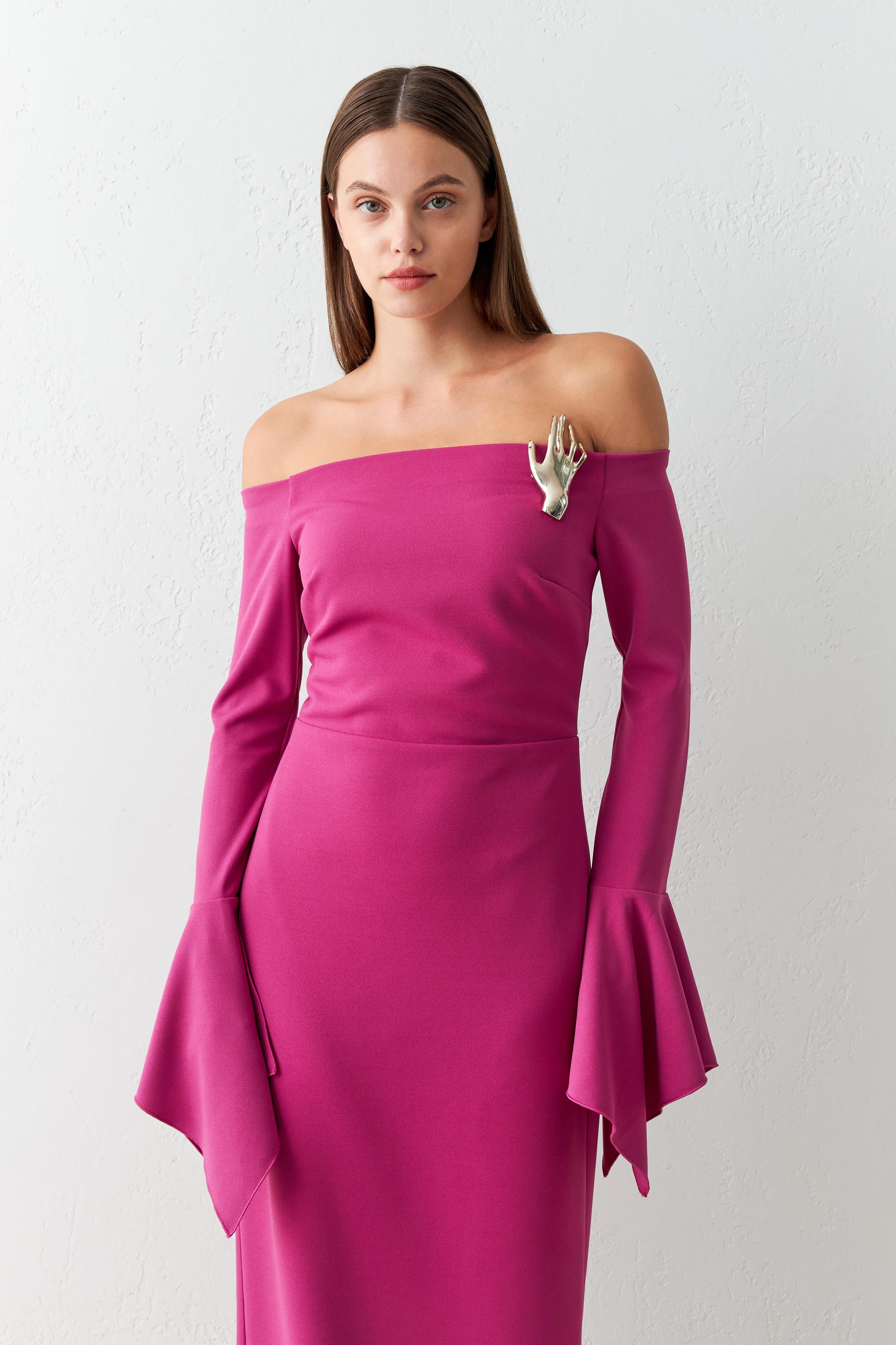 Fuşya Dar Kalıp Omuz Ve Kol Detaylı Maxi Boy Elbise Kadın Abiye Elbise modelleri