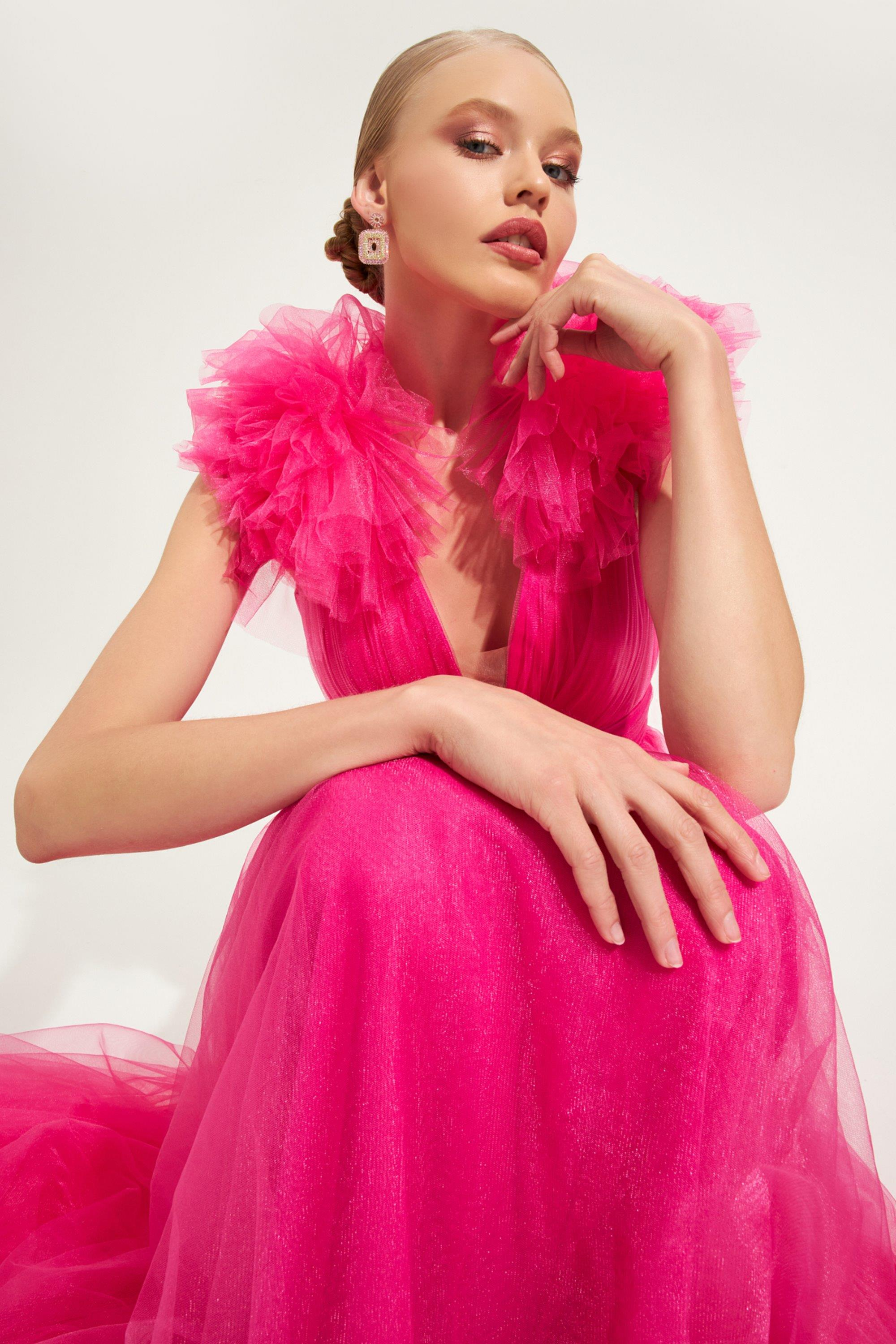 Fuşya Omuzlardan Tül Ve Göğüs Detaylı Abiye Kadın Kategorisiz modelleri
