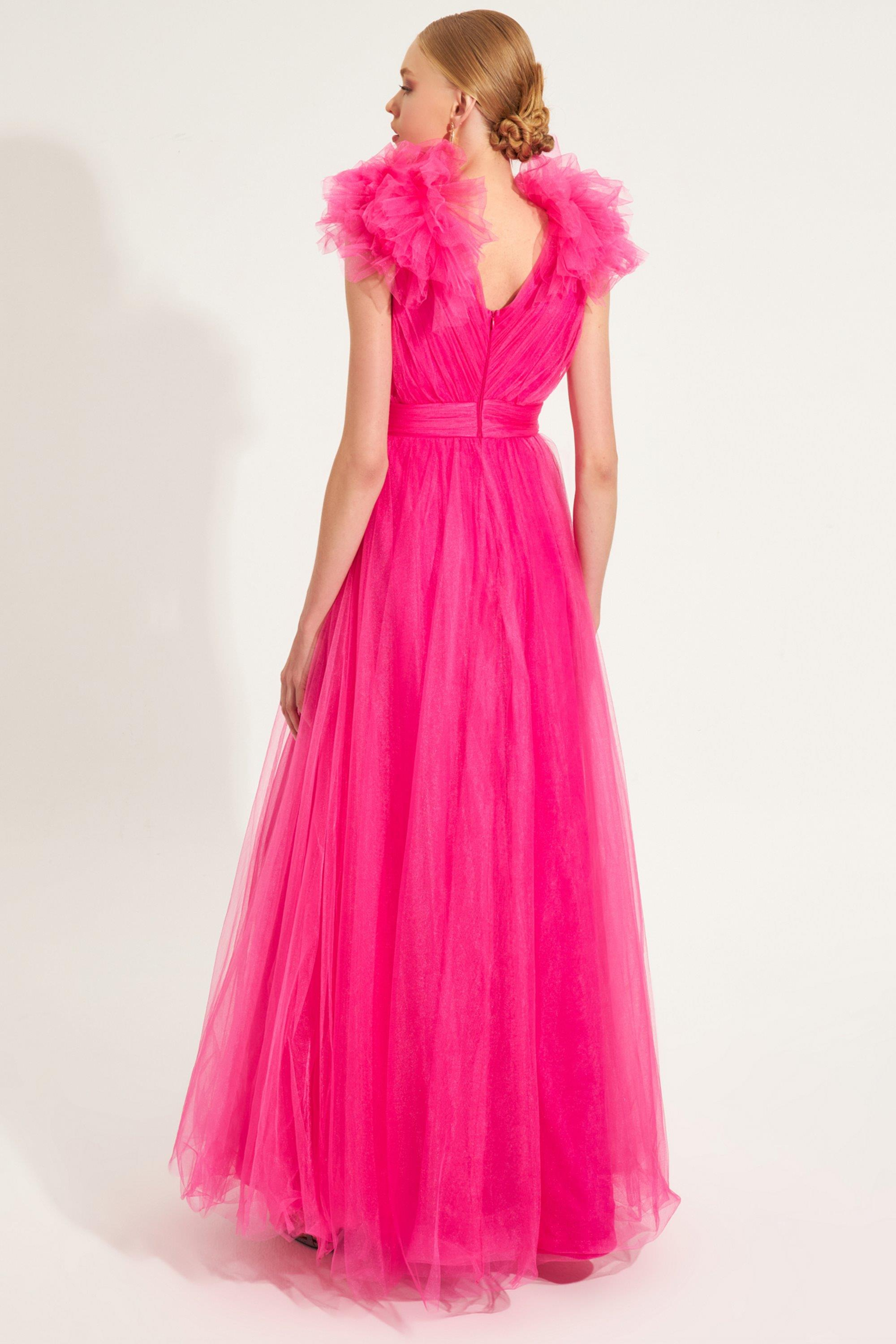 Fuşya Omuzlardan Tül Ve Göğüs Detaylı Abiye Kadın Kategorisiz modelleri