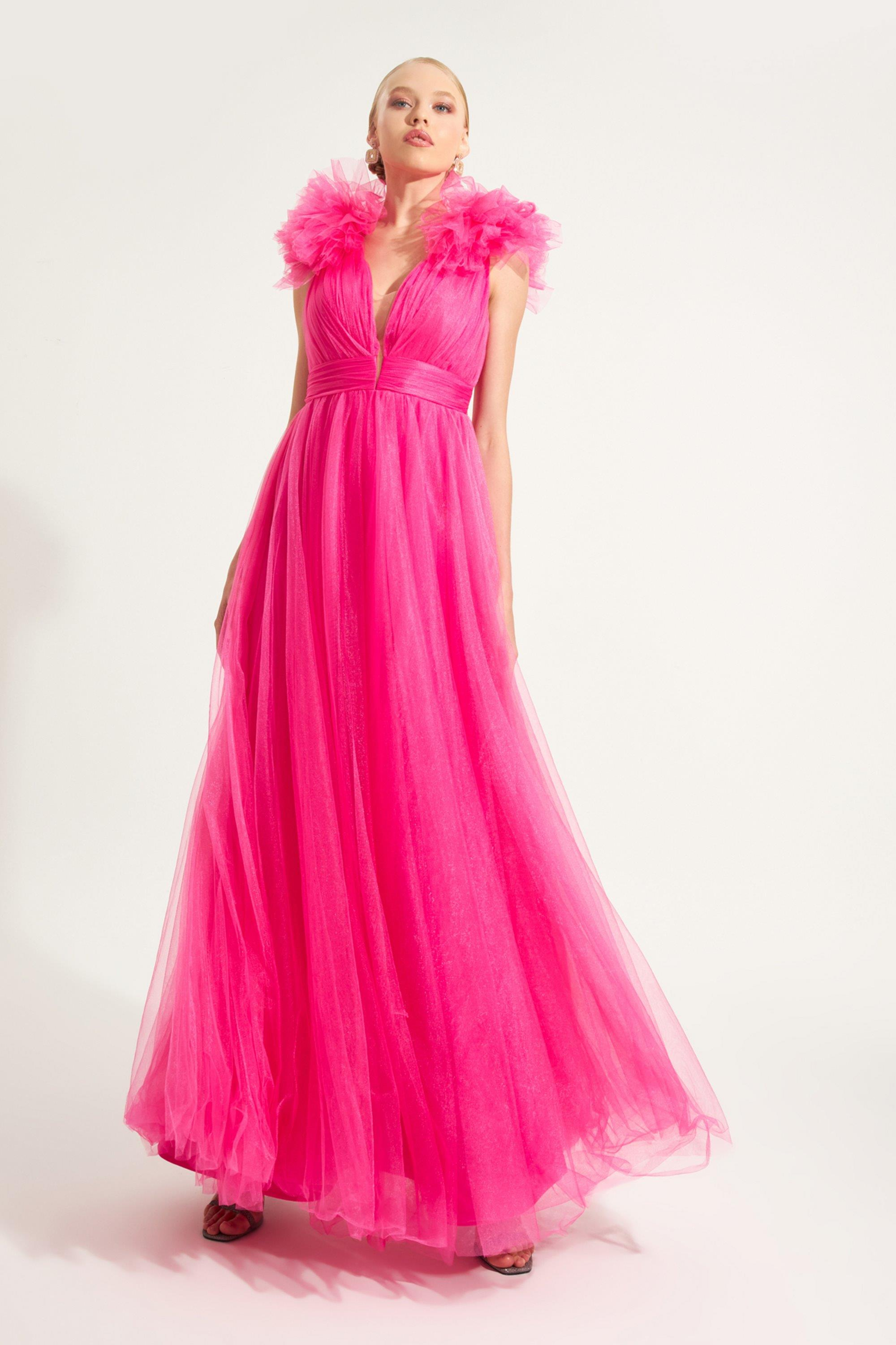 Fuşya Omuzlardan Tül Ve Göğüs Detaylı Abiye Kadın Kategorisiz modelleri