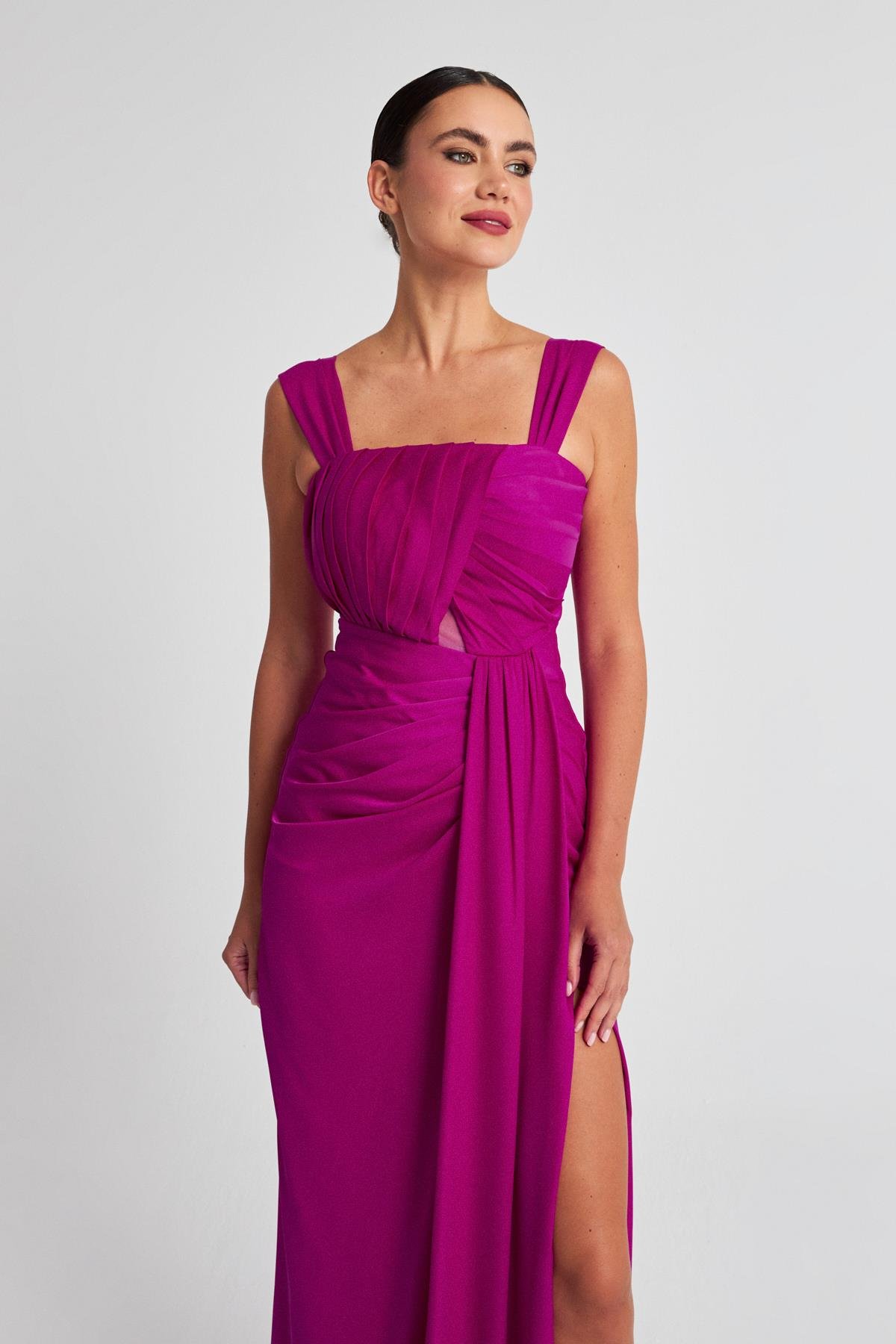 Fuşya Straplez Yırtmaç Detaylı Abiye Elbise Kadın Kategorisiz modelleri