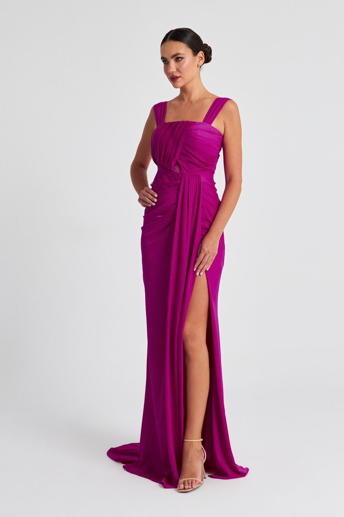 Fuşya Straplez Yırtmaç Detaylı Abiye Elbise Kadın Kategorisiz modelleri