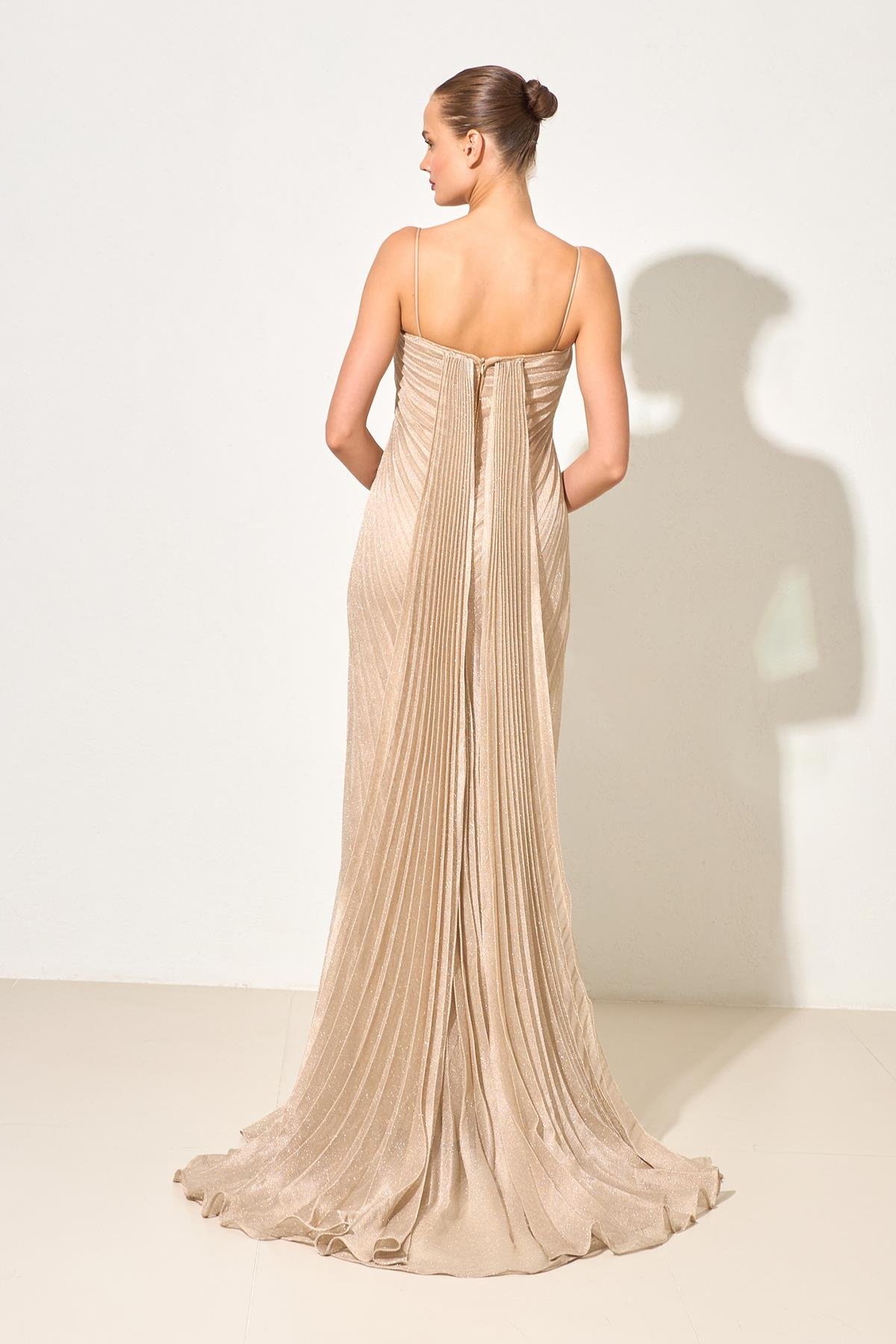 Gold Drapeli Omuz Ve Yaka Detaylı Abiye Elbise Kadın Abiye Elbise modelleri